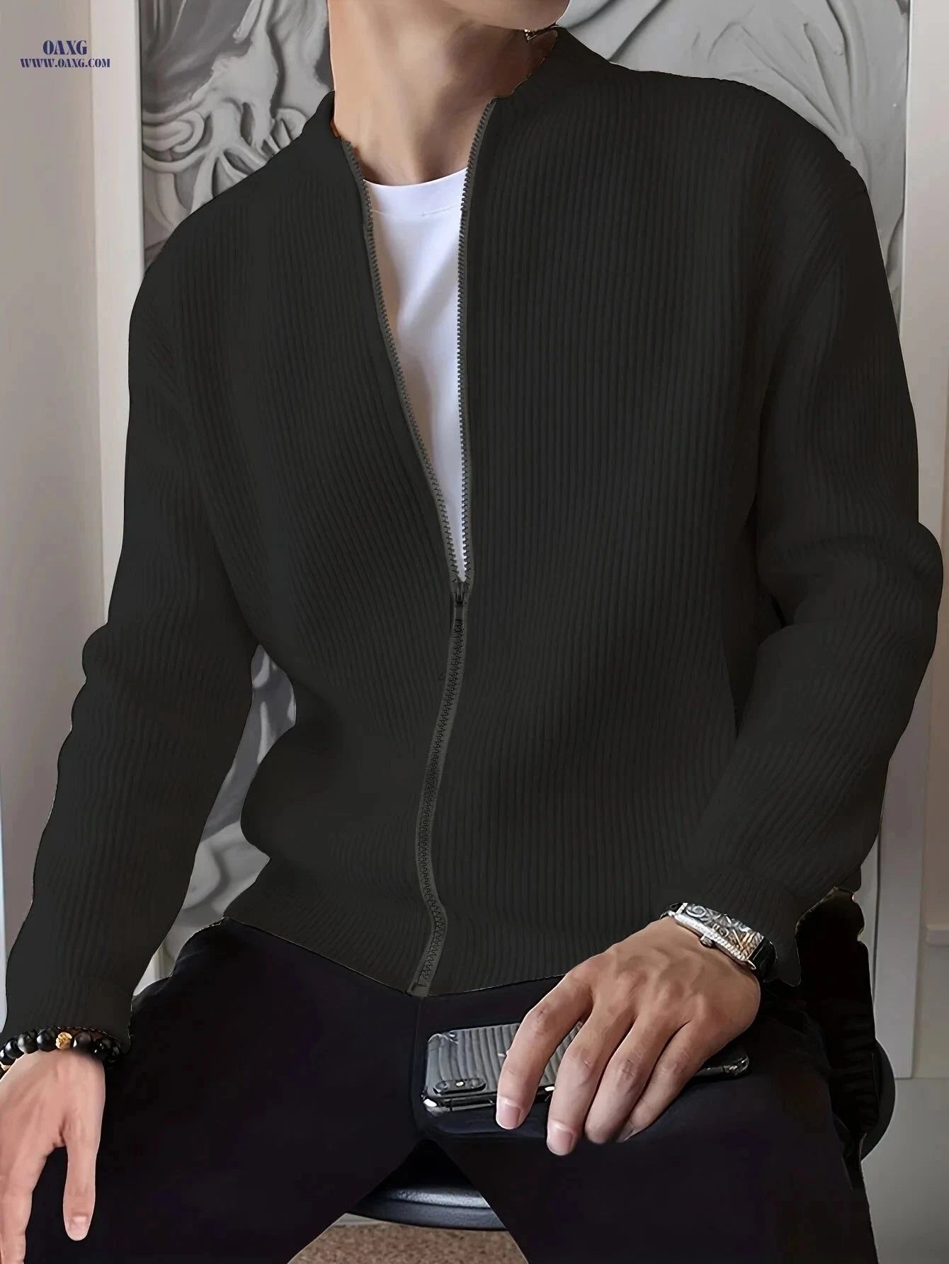 Men's Loose Fit Knit Sweater Cardigan - Zippered, Casual Fashion   OAXG White / FR S