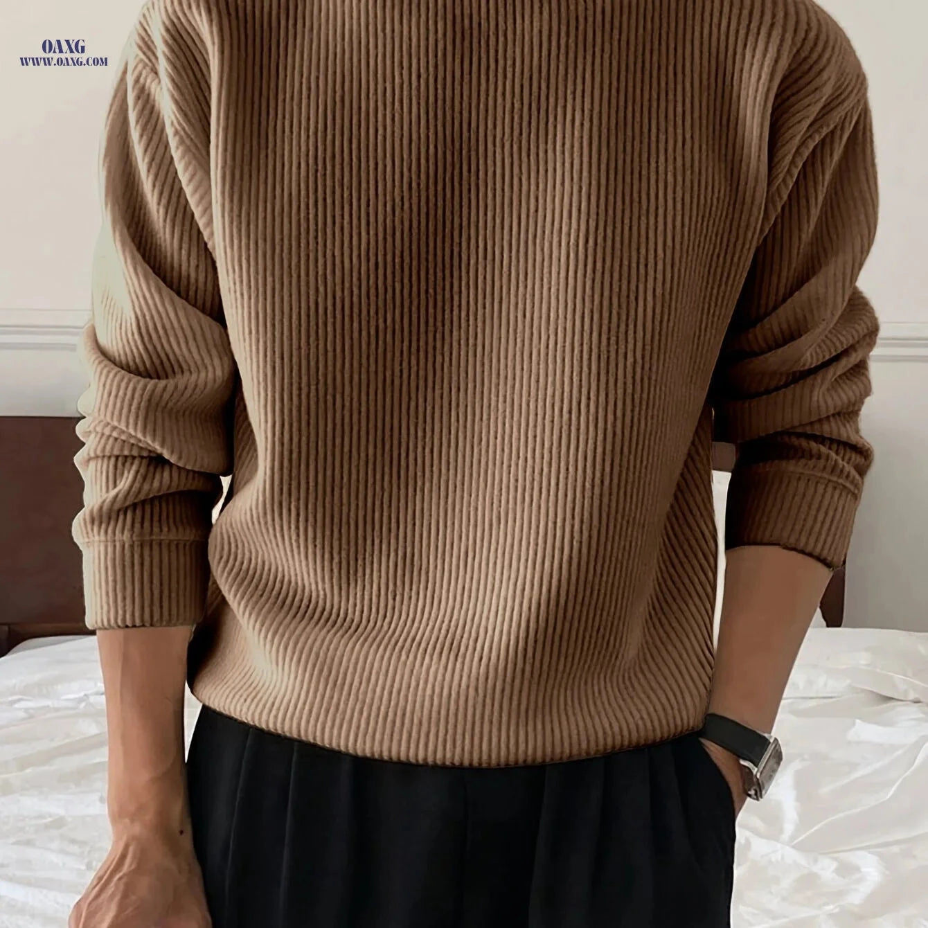 Men's Loose Fit Knitwear T-Shirt - Long Sleeve Casual Pullover   OAXG 