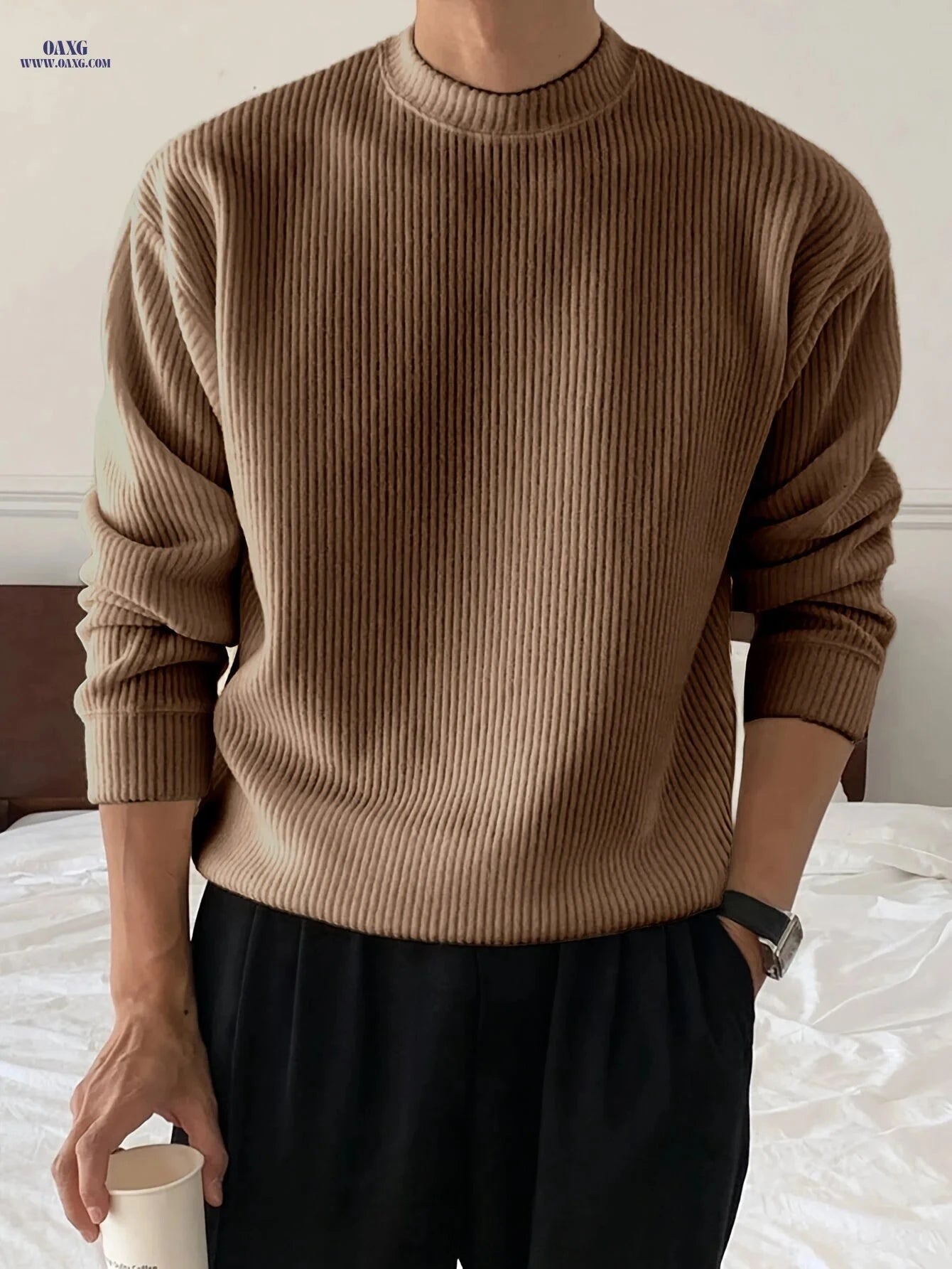 Men's Loose Fit Knitwear T-Shirt - Long Sleeve Casual Pullover   OAXG 