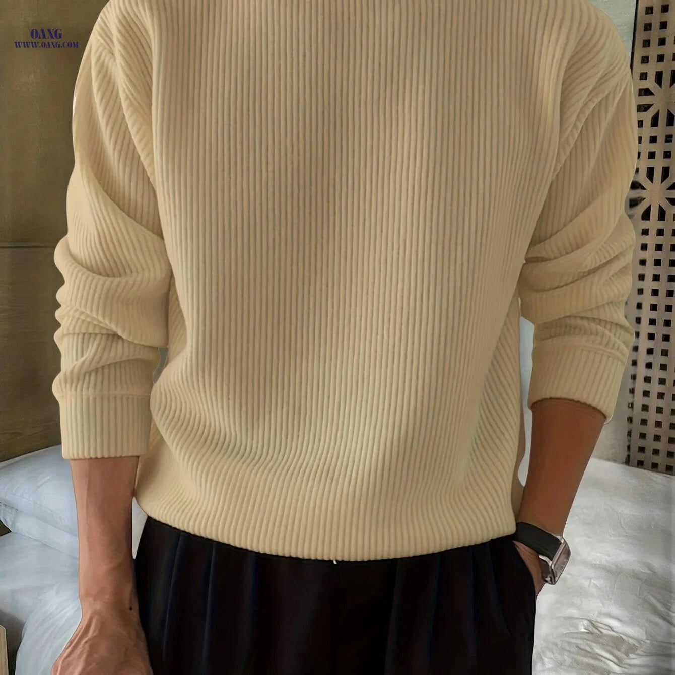 Men's Loose Fit Knitwear T-Shirt - Long Sleeve Casual Pullover   OAXG 