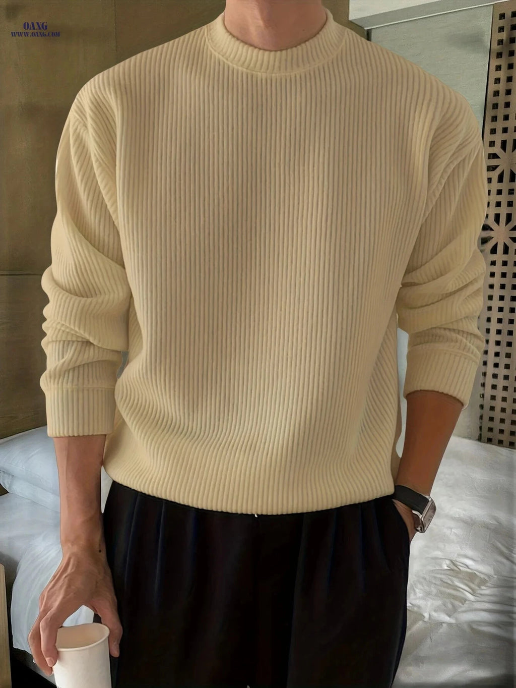 Men's Loose Fit Knitwear T-Shirt - Long Sleeve Casual Pullover   OAXG 