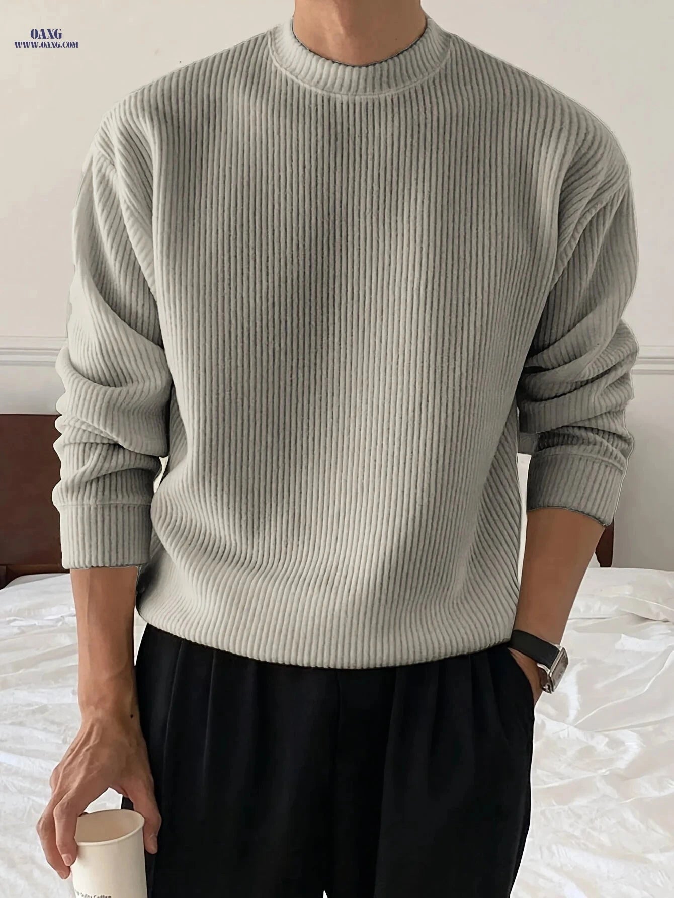 Men's Loose Fit Knitwear T-Shirt - Long Sleeve Casual Pullover   OAXG 
