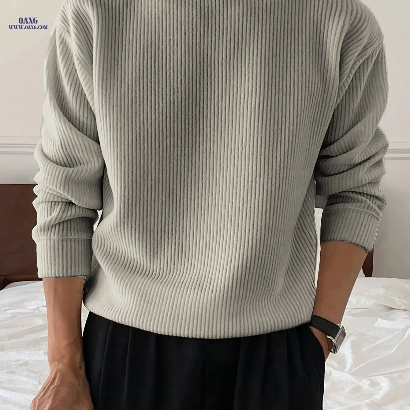 Men's Loose Fit Knitwear T-Shirt - Long Sleeve Casual Pullover   OAXG 