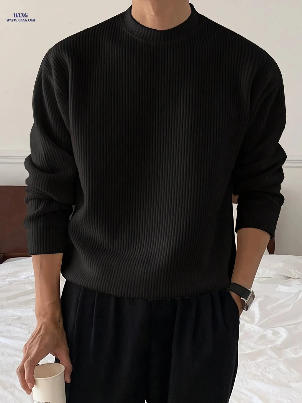 Men's Loose Fit Knitwear T-Shirt - Long Sleeve Casual Pullover   OAXG 