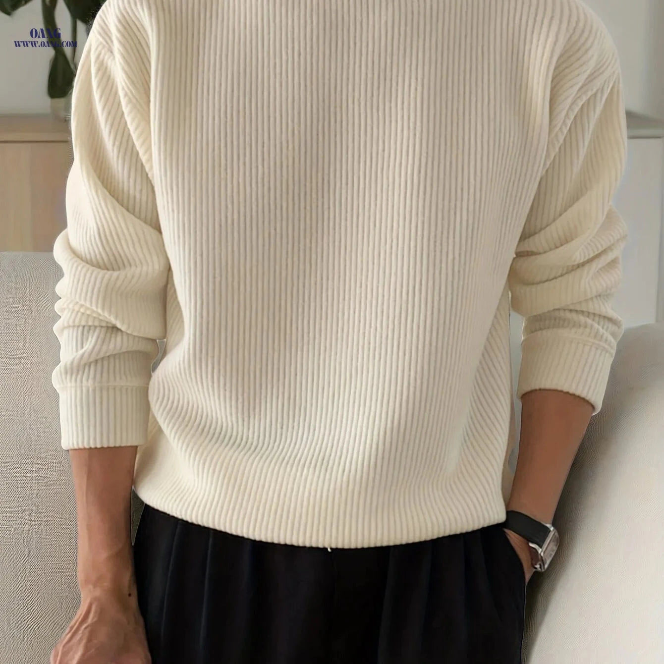 Men's Loose Fit Knitwear T-Shirt - Long Sleeve Casual Pullover   OAXG 