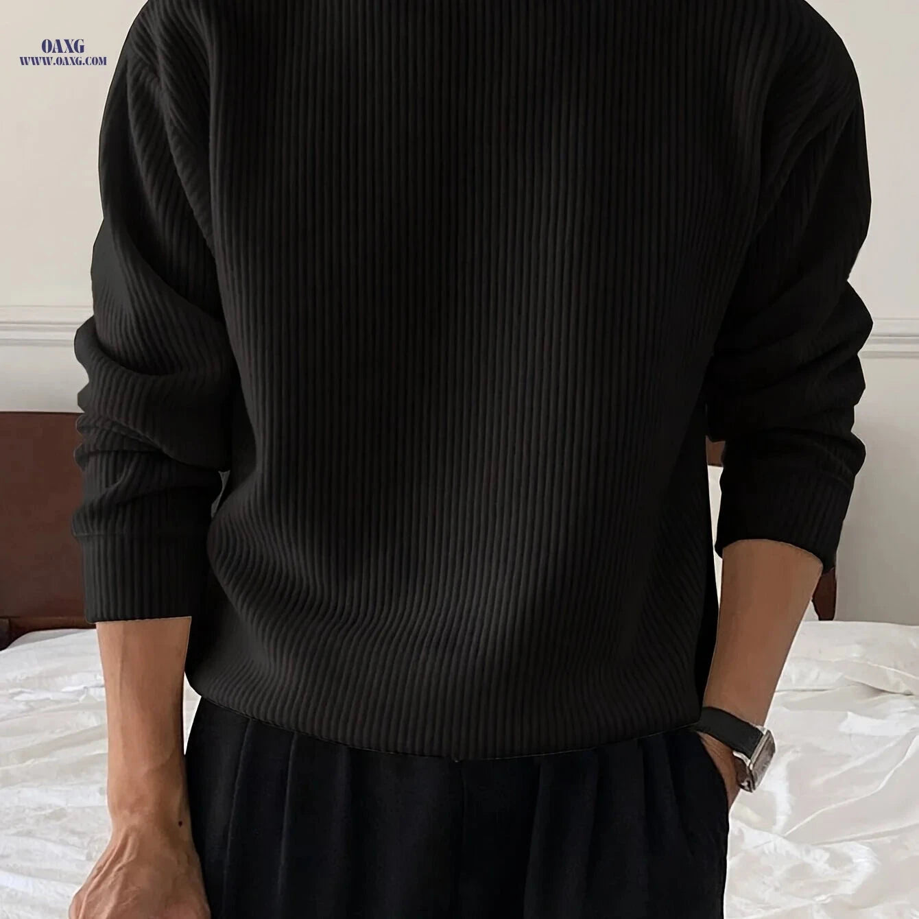 Men's Loose Fit Knitwear T-Shirt - Long Sleeve Casual Pullover   OAXG White / FR XS