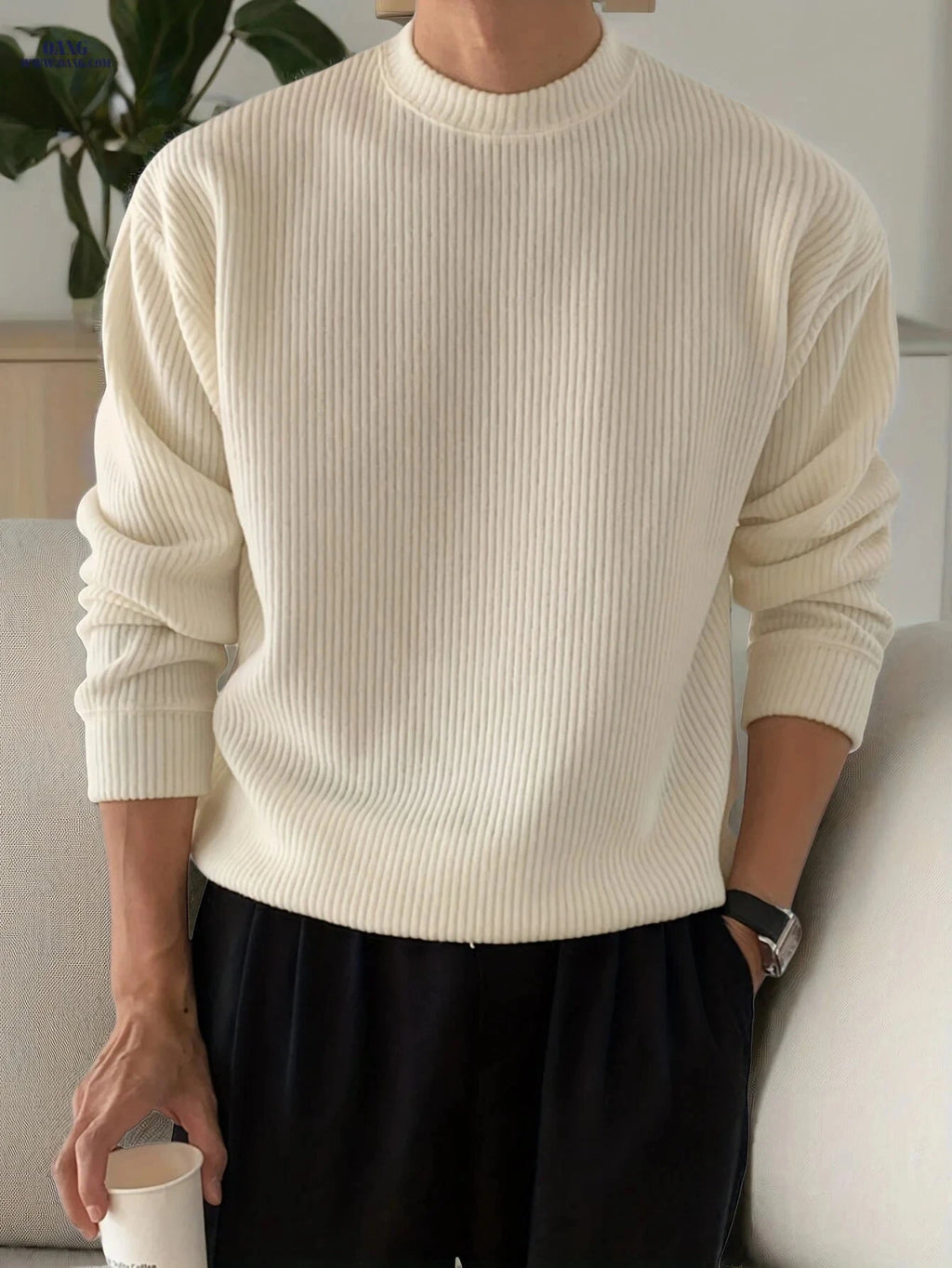 Men's Loose Fit Knitwear T-Shirt - Long Sleeve Casual Pullover   OAXG White / FR XS