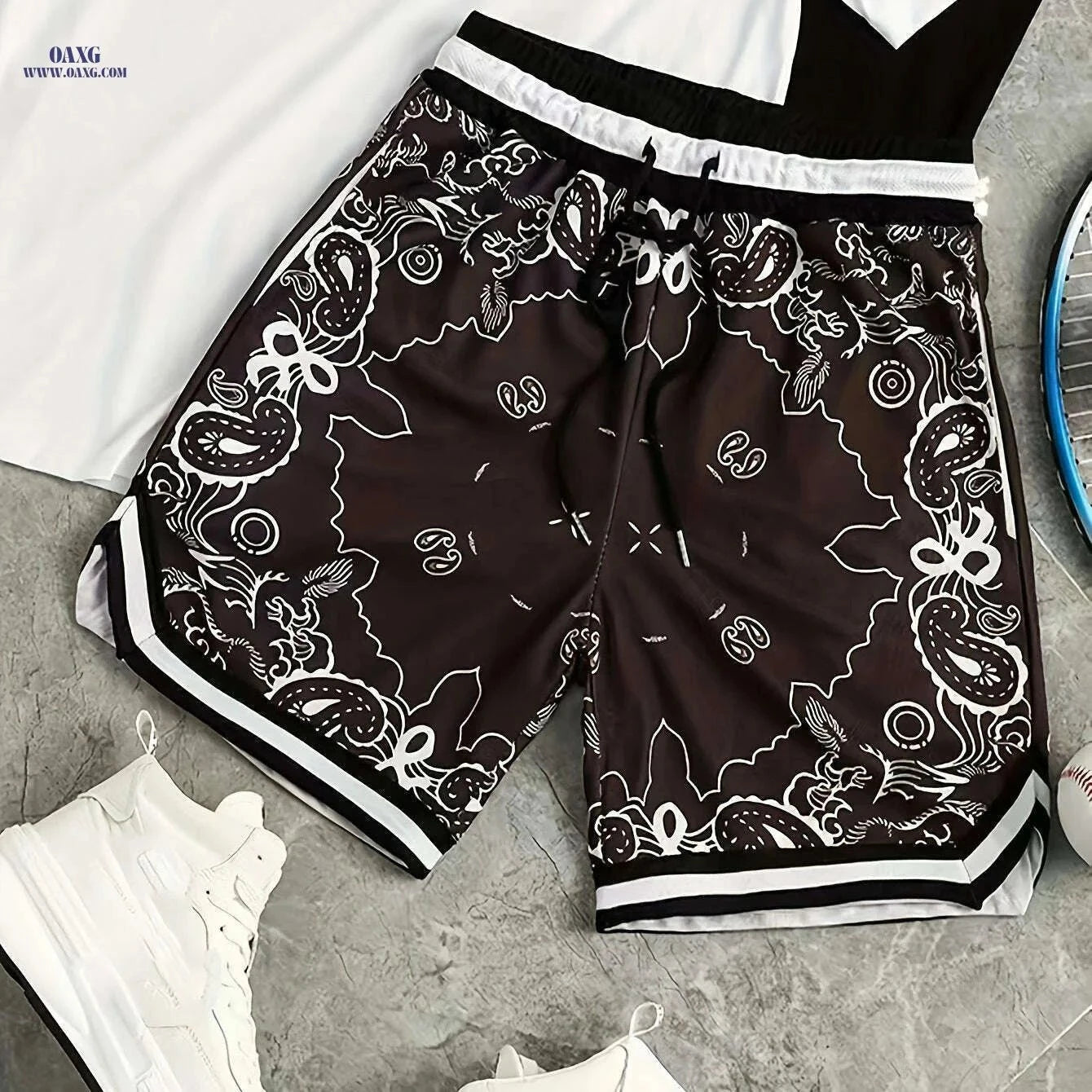 Men's Loose-Fit Paisley Shorts - Comfortable Summer Style with Drawstring   OAXG crimson / XS