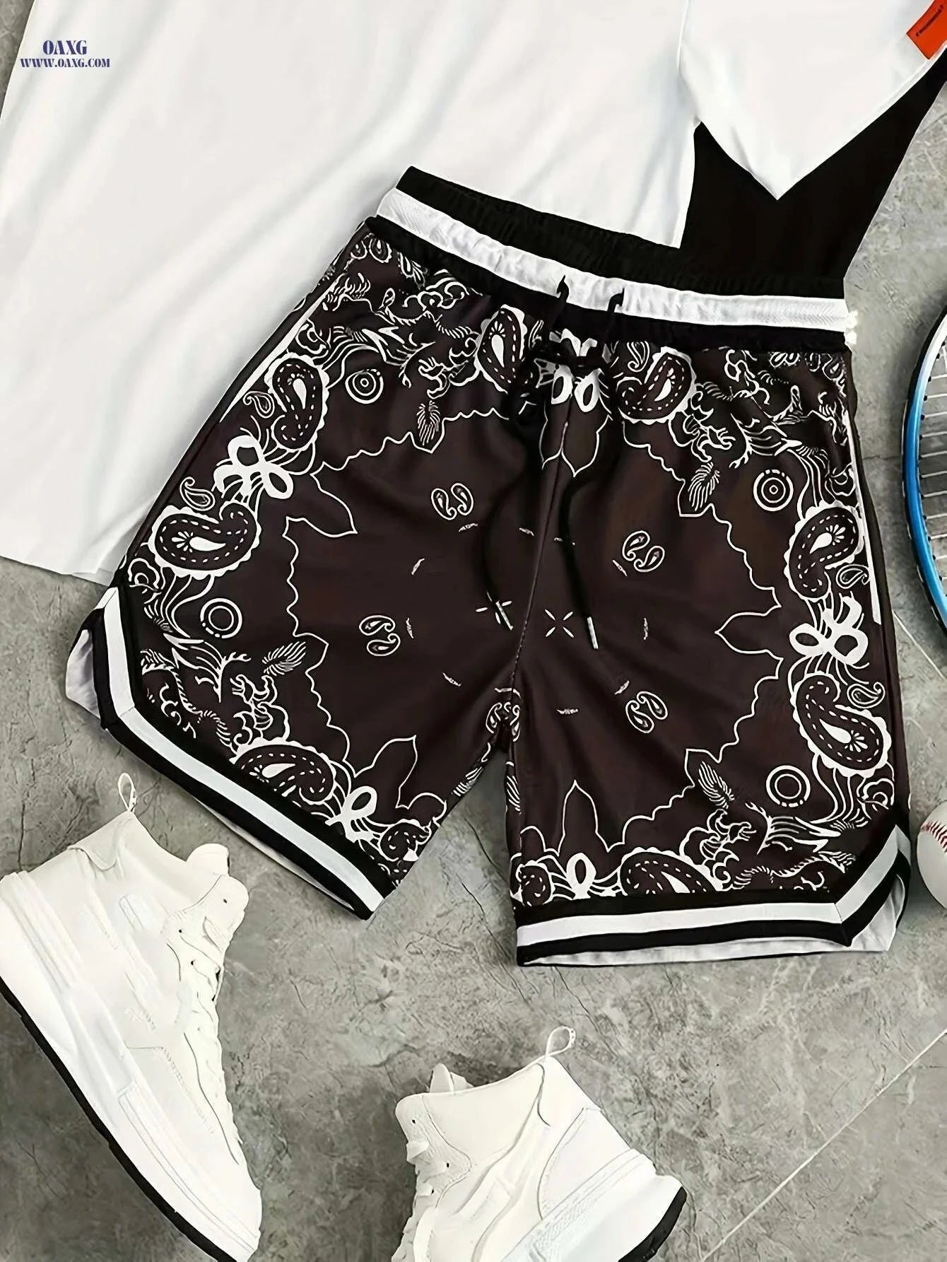 Men's Loose-Fit Paisley Shorts - Comfortable Summer Style with Drawstring   OAXG crimson / XS