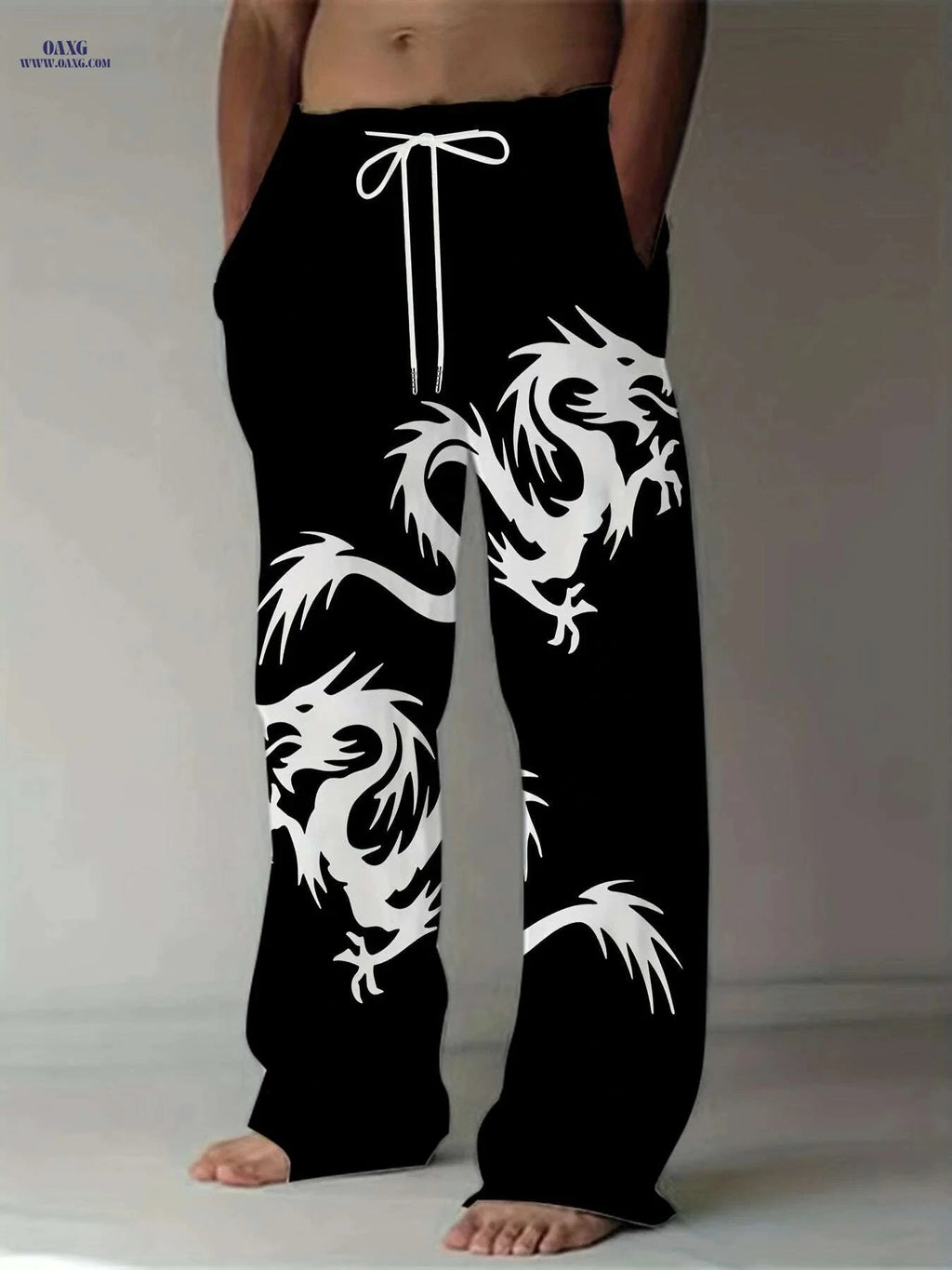 Men's Loose-Fit Straight-Leg Pants - Black Dragon Graphic, Casual Style   OAXG 
