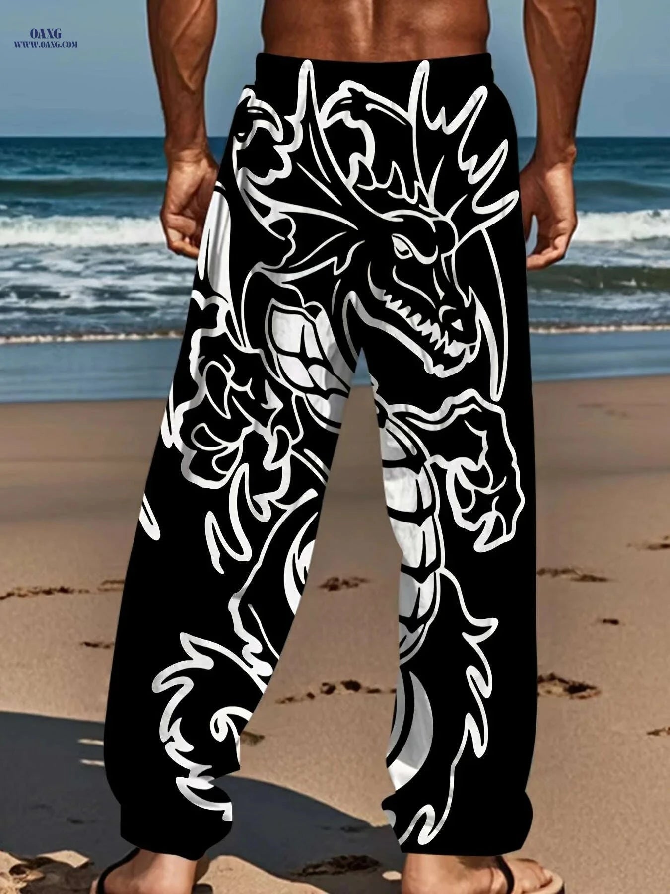 Men's Loose-Fit Straight-Leg Pants - Black Dragon Graphic, Casual Style   OAXG 