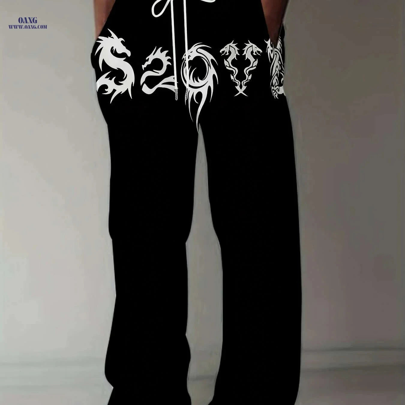 Men's Loose-Fit Straight-Leg Pants - Black Dragon Graphic, Casual Style   OAXG Mixed Color / M