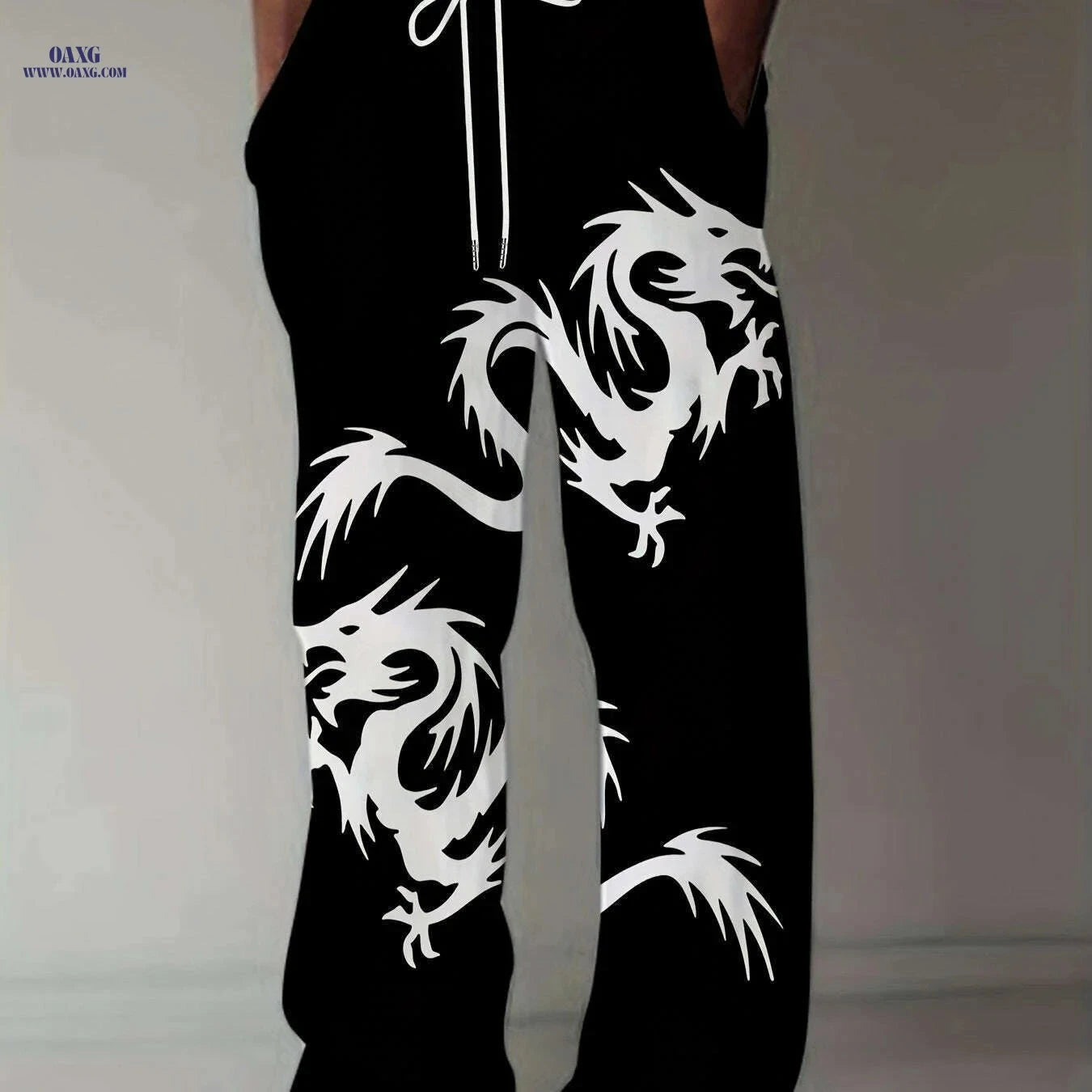 Men's Loose-Fit Straight-Leg Pants - Black Dragon Graphic, Casual Style   OAXG Mixed Color / M