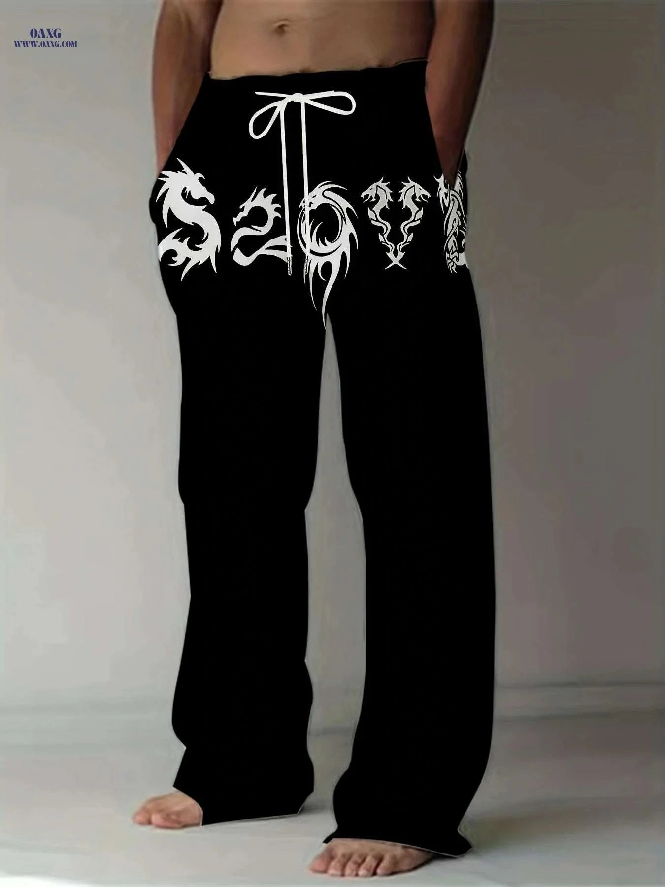 Men's Loose-Fit Straight-Leg Pants - Black Dragon Graphic, Casual Style   OAXG Mixed Color / M