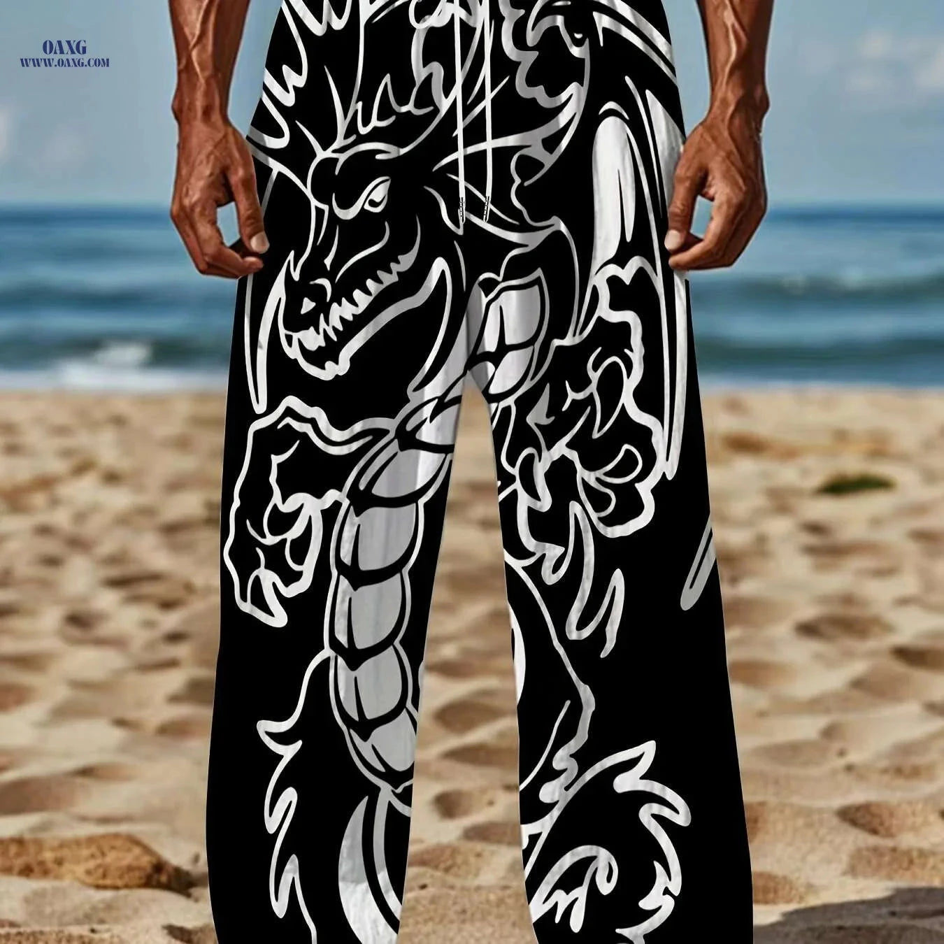 Men's Loose-Fit Straight-Leg Pants - Black Dragon Graphic, Casual Style   OAXG Mixed Color / M