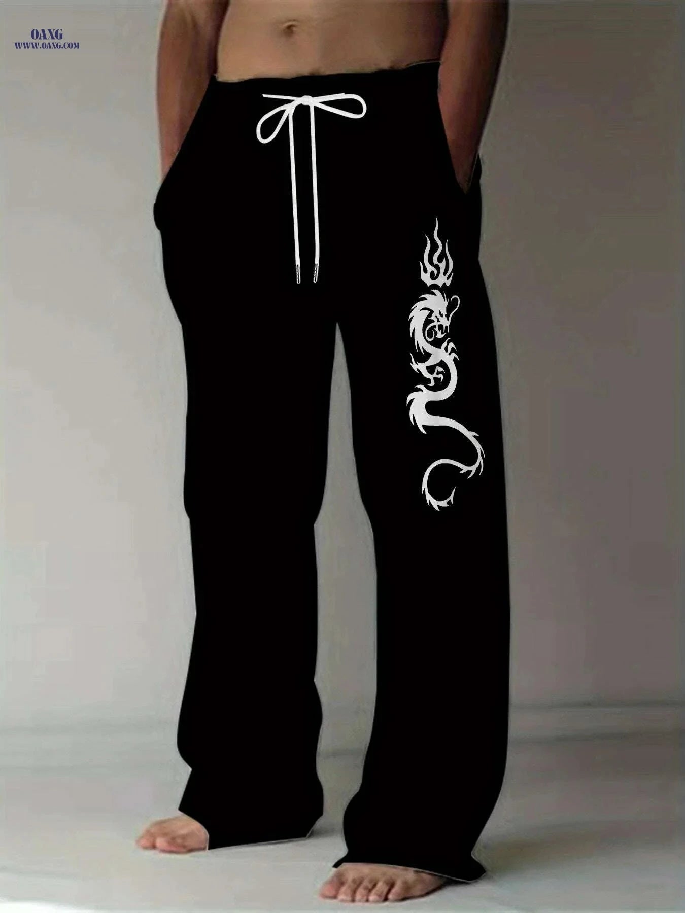 Men's Loose-Fit Straight-Leg Pants - Black Dragon Graphic, Casual Style   OAXG Mixed Color / M