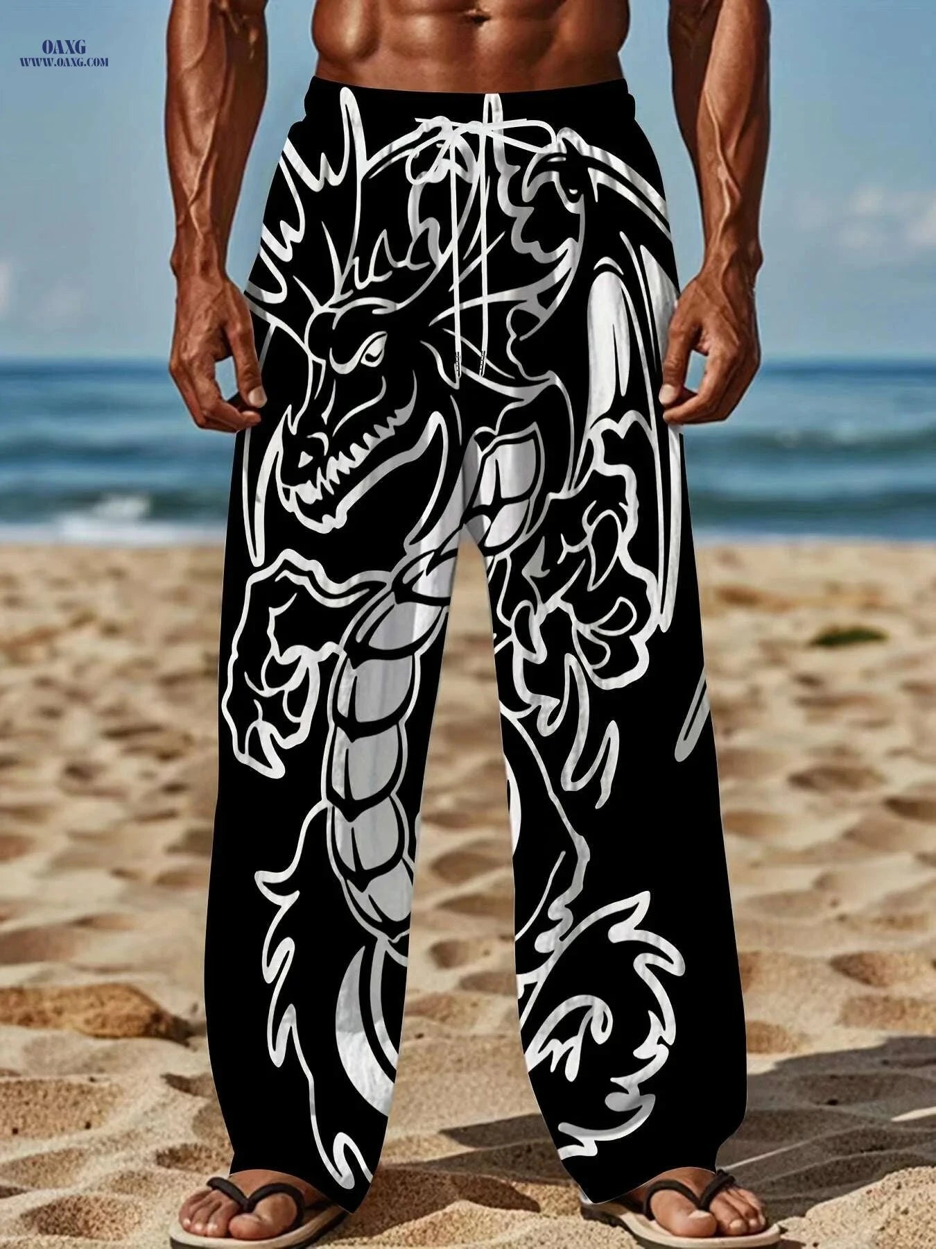 Men's Loose-Fit Straight-Leg Pants - Black Dragon Graphic, Casual Style   OAXG Mixed Color / M