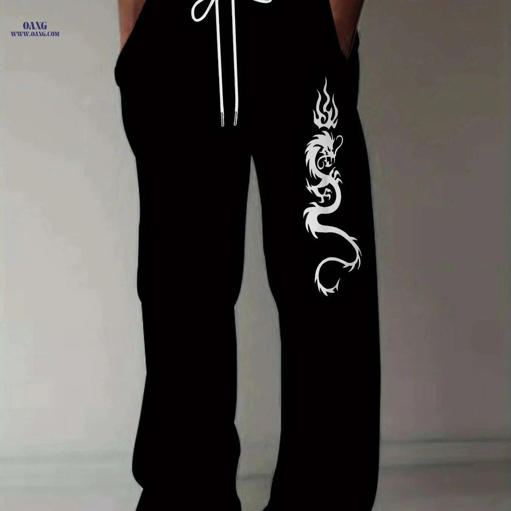 Men's Loose-Fit Straight-Leg Pants - Black Dragon Graphic, Casual Style   OAXG Mixed Color / M