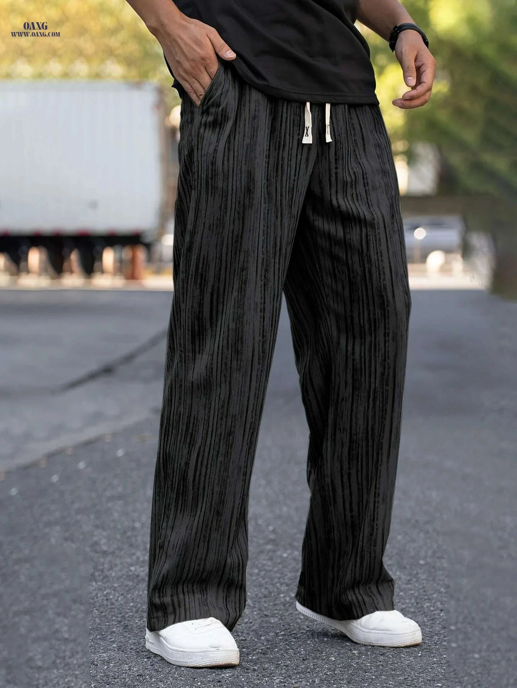 Men's Loose Fit Striped Corduroy Pants - Stretchy Knit Casual Style   OAXG Ivory White / S