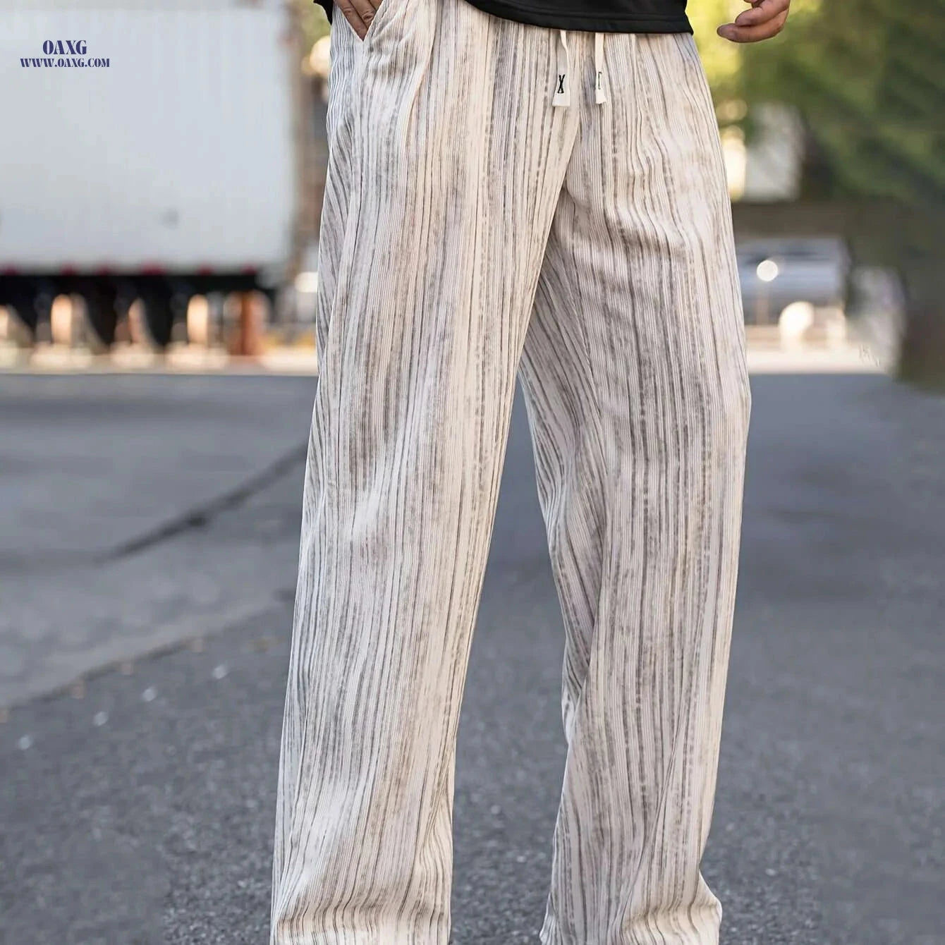 Men's Loose Fit Striped Corduroy Pants - Stretchy Knit Casual Style   OAXG Ivory White / S