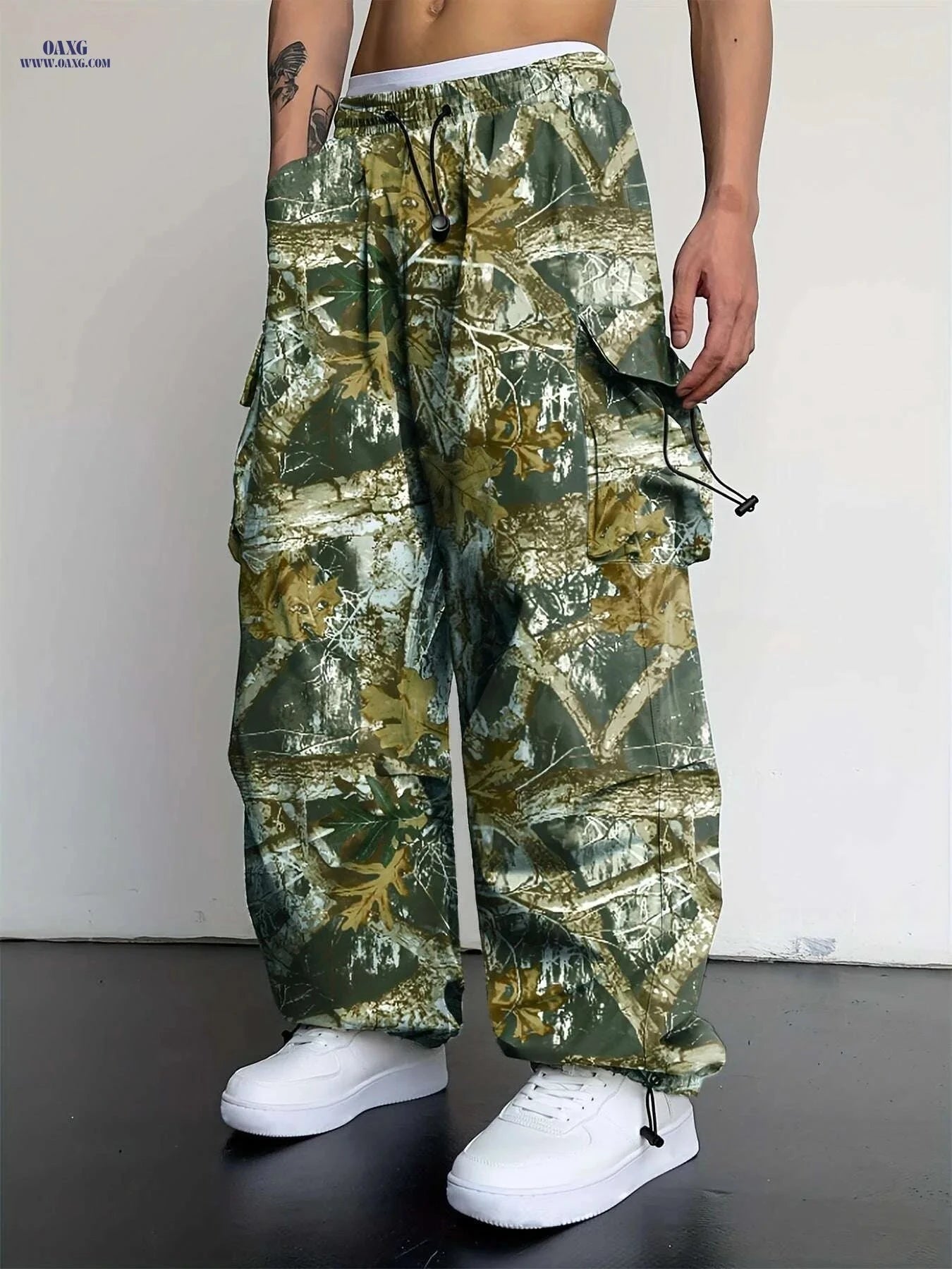 Men's Loose Fit Tactical Cargo Pants - Drawstring, Camo Pattern   OAXG Color 3 / S