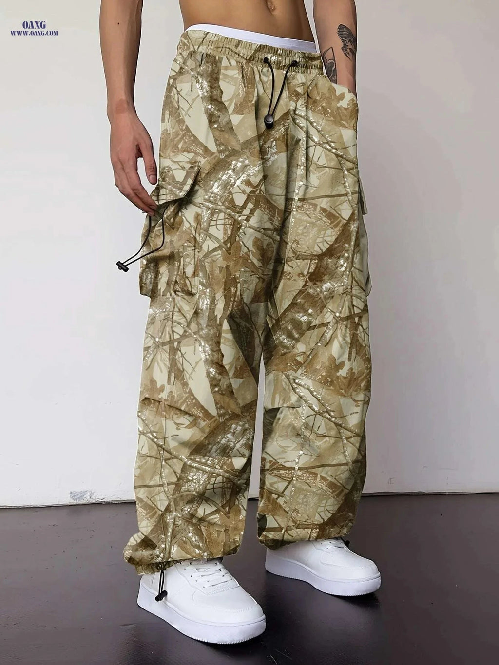 Men's Loose Fit Tactical Cargo Pants - Drawstring, Camo Pattern   OAXG Color 3 / S