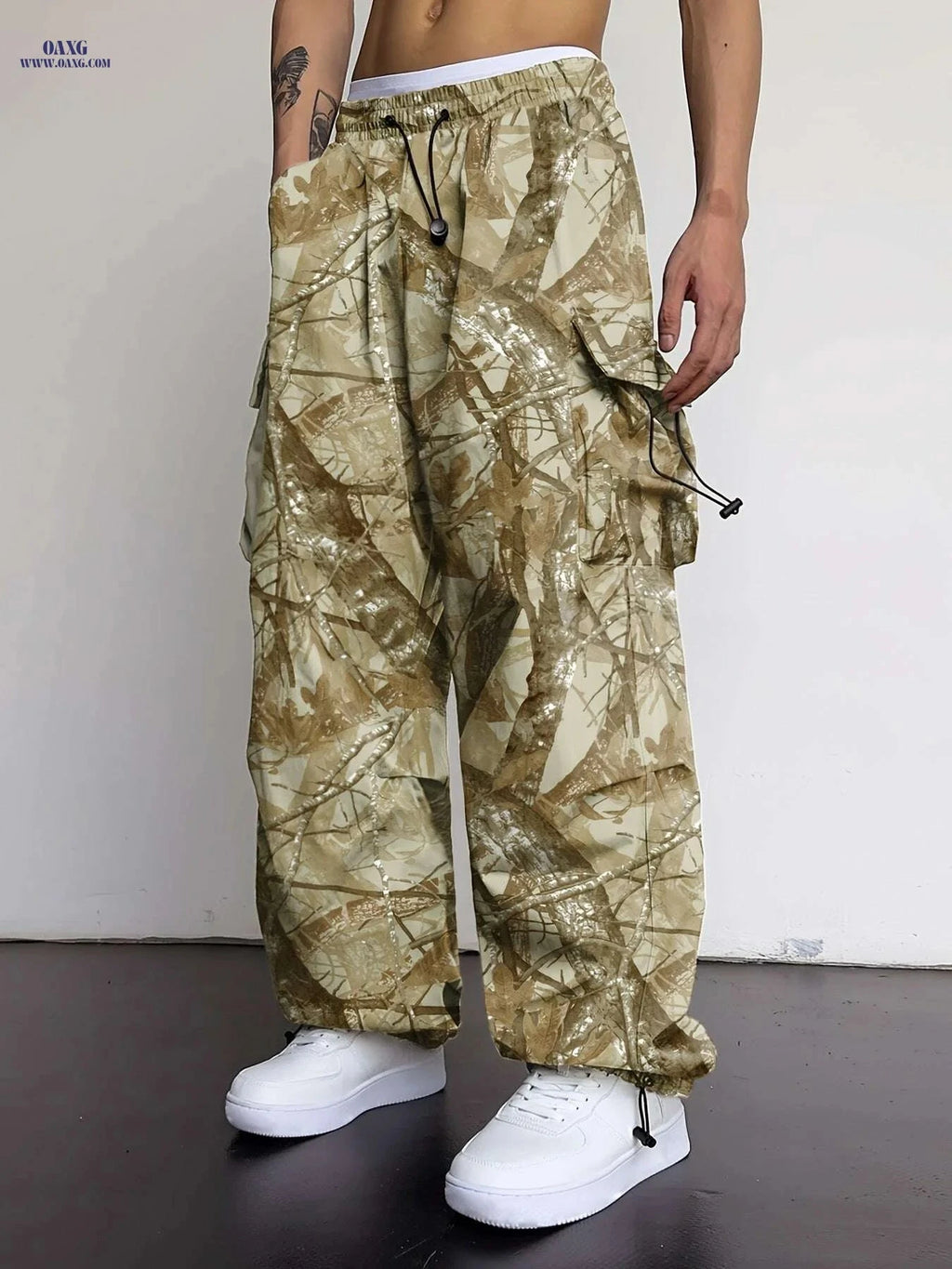 Men's Loose Fit Tactical Cargo Pants - Drawstring, Camo Pattern   OAXG Color 3 / S