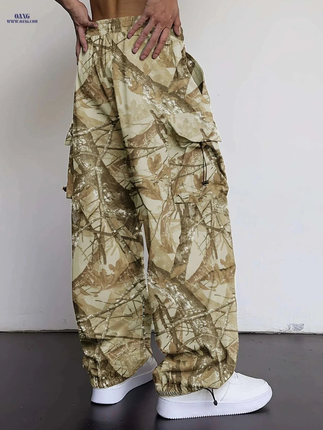 Men's Loose Fit Tactical Cargo Pants - Drawstring, Camo Pattern   OAXG 