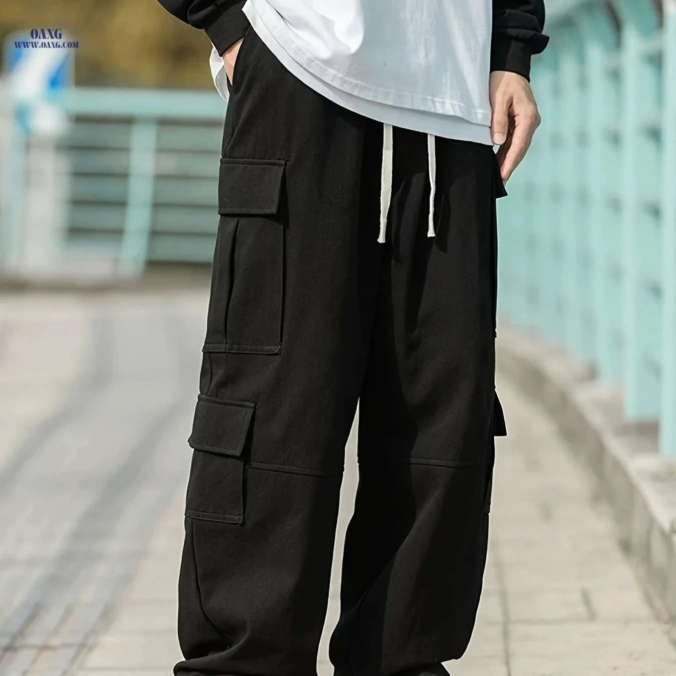 Men's Loose Fit Work Pants - 100% Polyester, Casual All-Season Trousers   OAXG Black / S