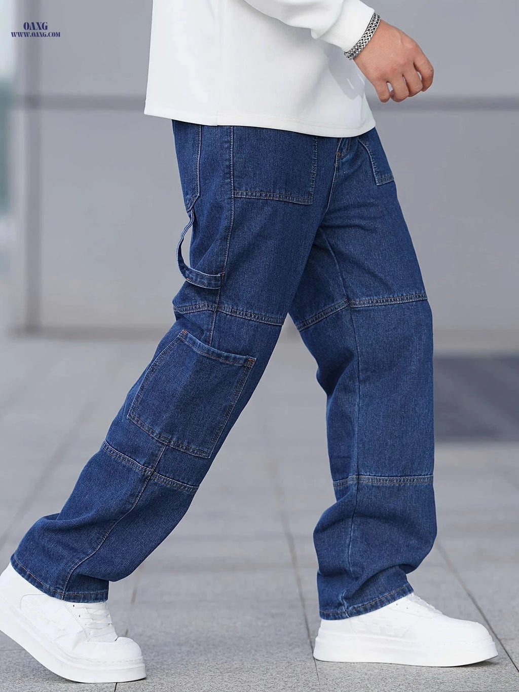 Men's Loose-Fitting Casual Work Pants - Blue Denim with Pockets   OAXG 