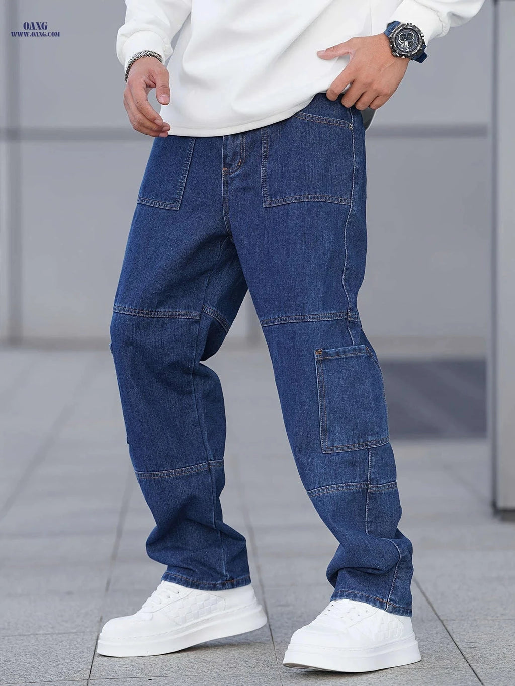 Men's Loose-Fitting Casual Work Pants - Blue Denim with Pockets   OAXG 