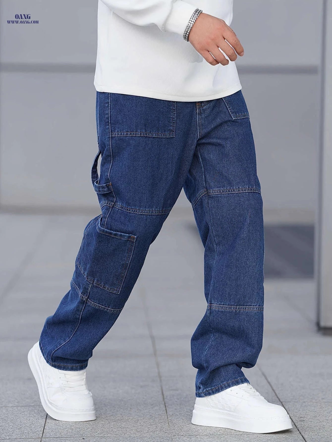 Men's Loose-Fitting Casual Work Pants - Blue Denim with Pockets   OAXG Blue / FR S