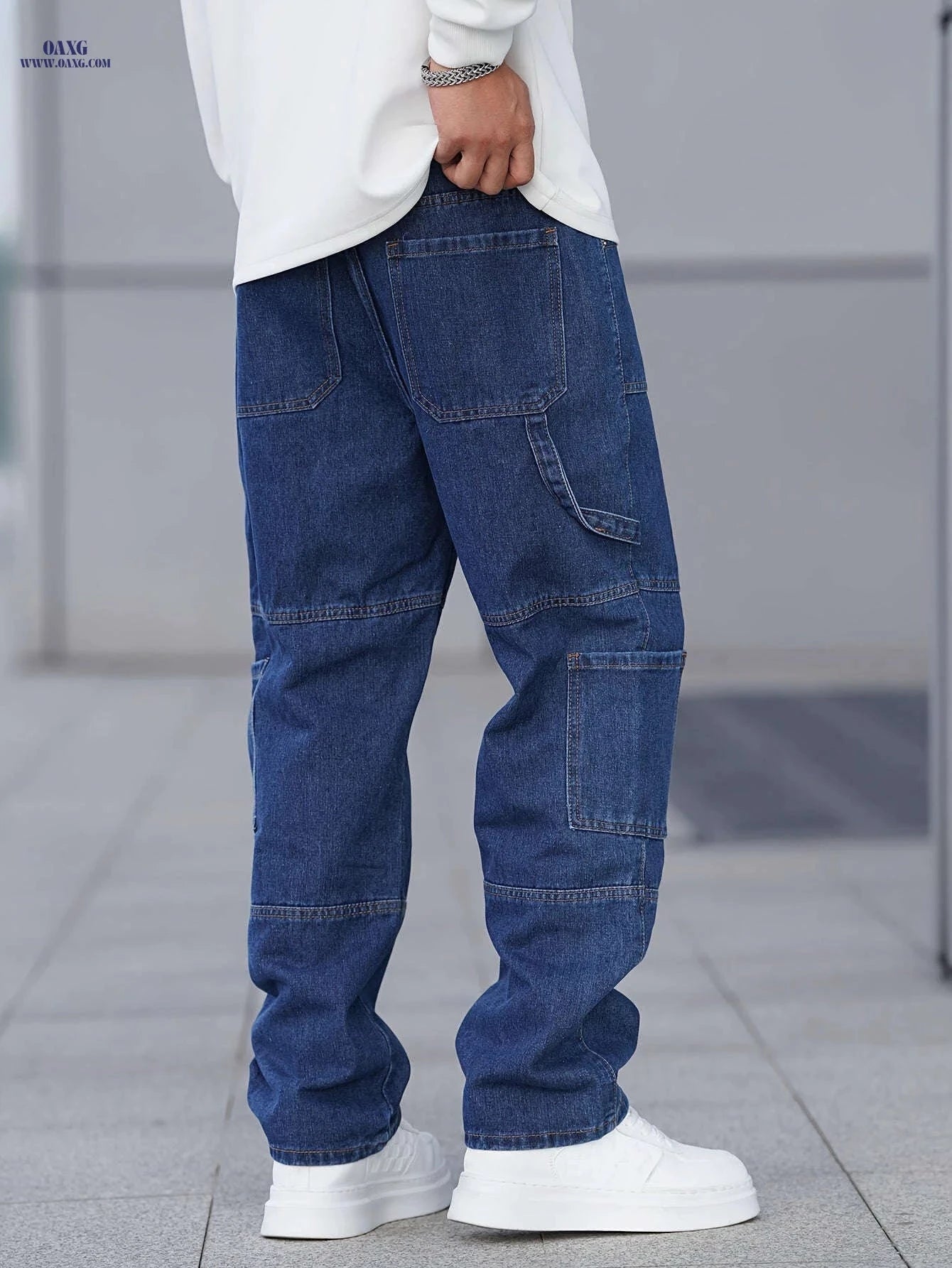 Men's Loose-Fitting Casual Work Pants - Blue Denim with Pockets   OAXG 