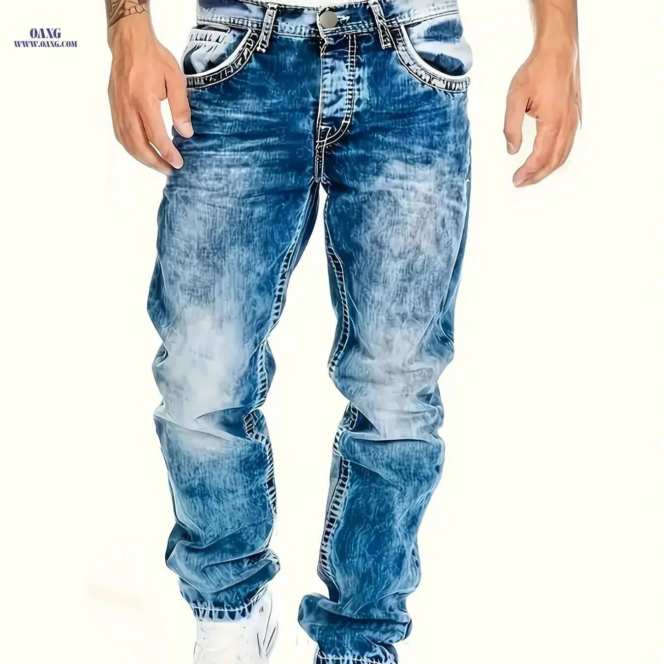Men's Loose Straight Denim Jeans - All-Season Comfort Fit Pants   OAXG Blue / S