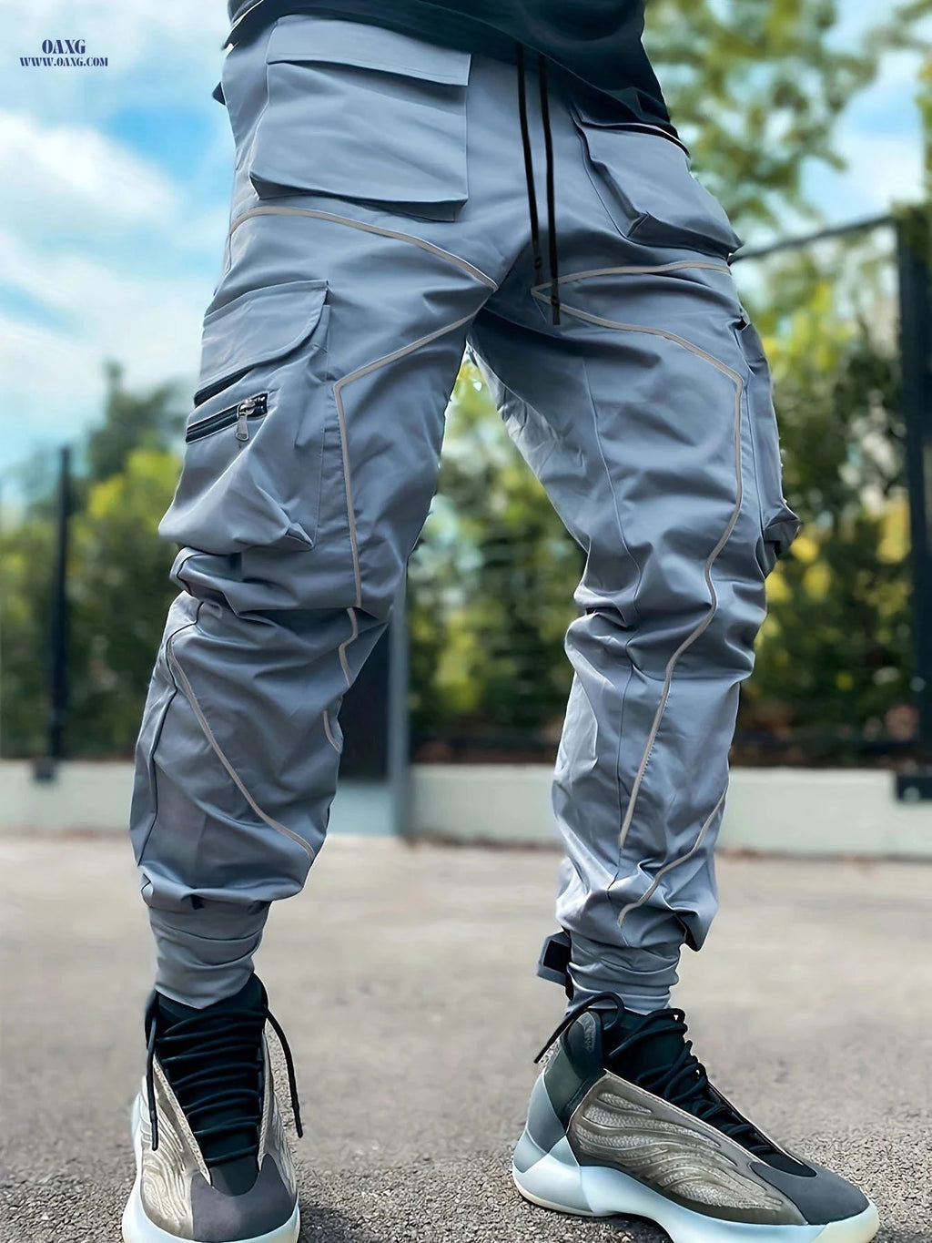 Men's Loose Straight-Leg Cargo Pants - Multiple Pockets & Reflective Details   OAXG Black / FR S