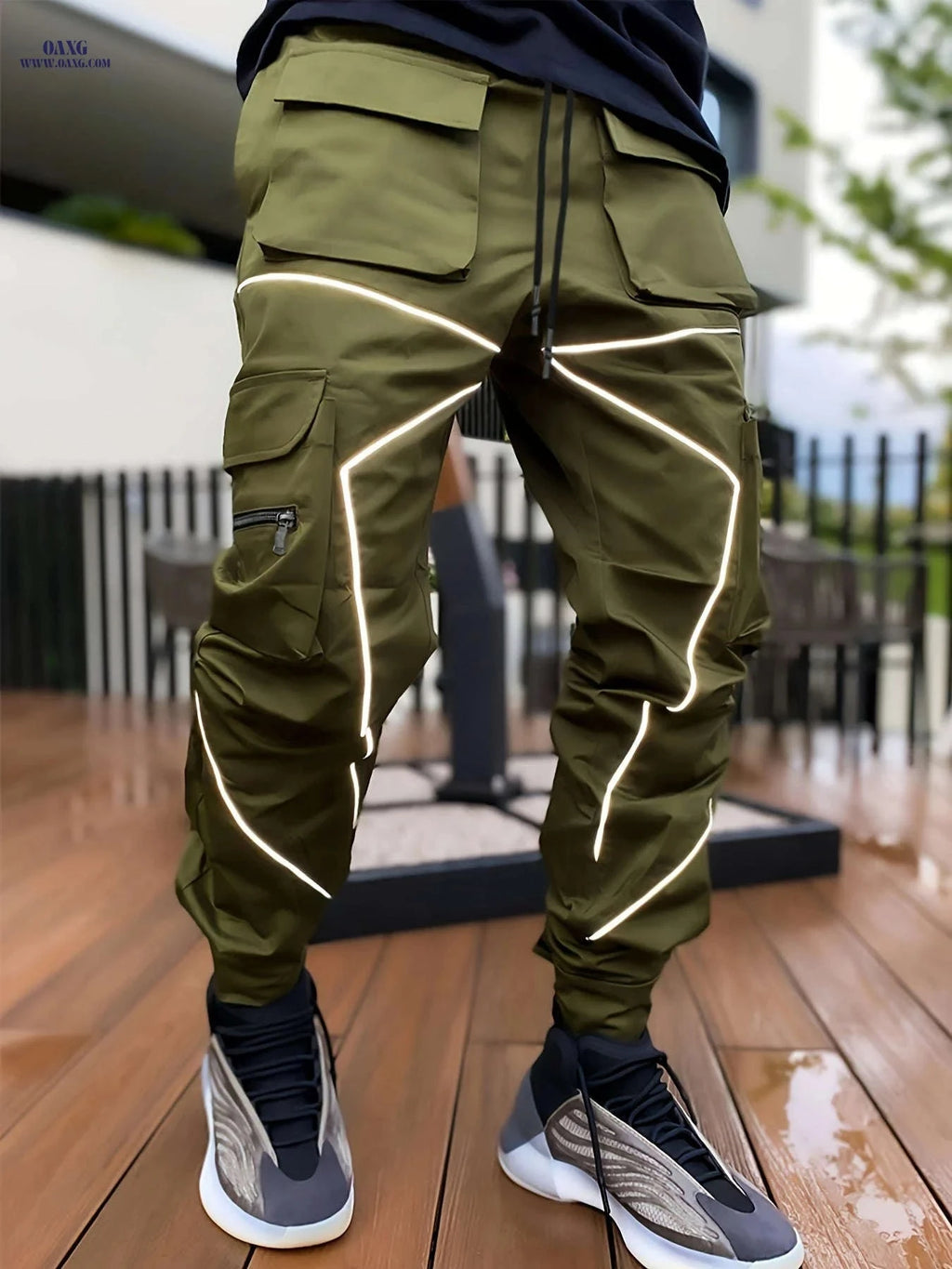 Men's Loose Straight-Leg Cargo Pants - Multiple Pockets & Reflective Details   OAXG Black / FR S