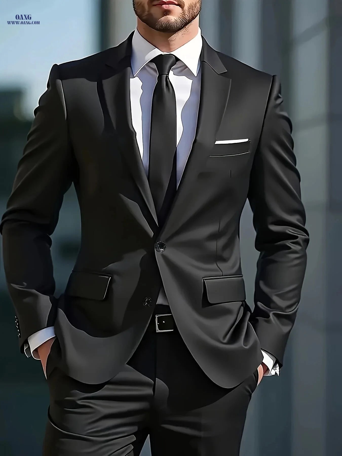 Men's Luxury Business Casual Suit Set - Slim-Fit Lapel Jacket & Pants   OAXG 