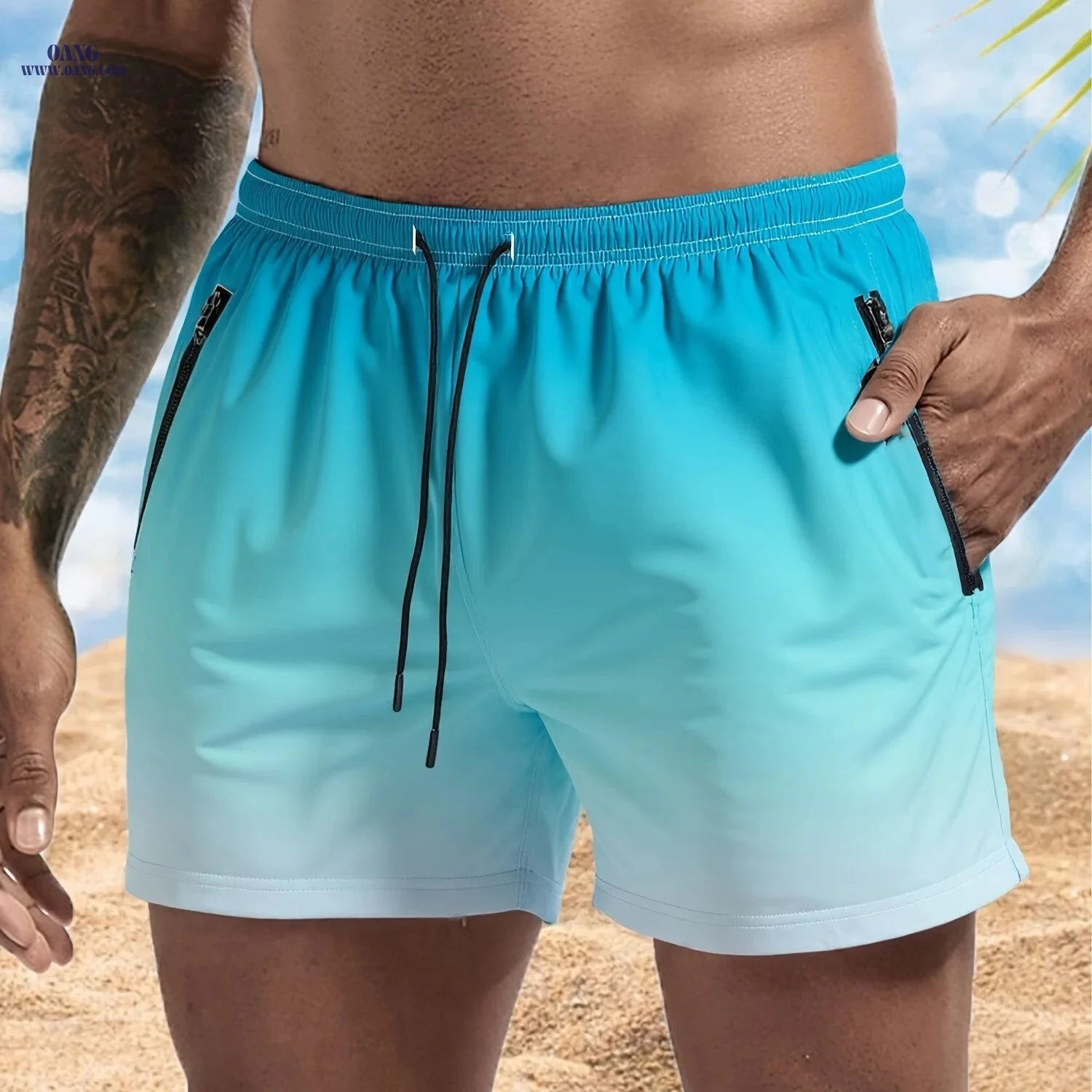 Men's Maroon Quick-Dry Swim Trunks - Casual Beach Shorts with Pockets   OAXG 