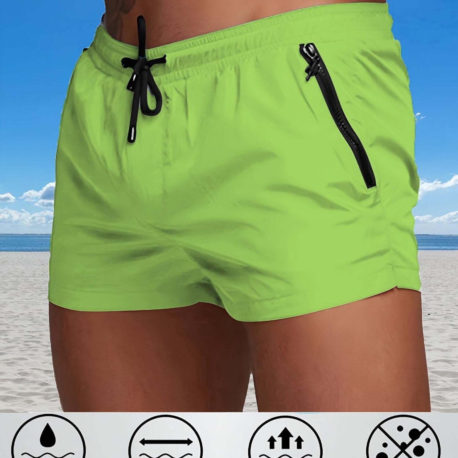 Men's Maroon Quick-Dry Swim Trunks - Casual Beach Shorts with Pockets   OAXG 