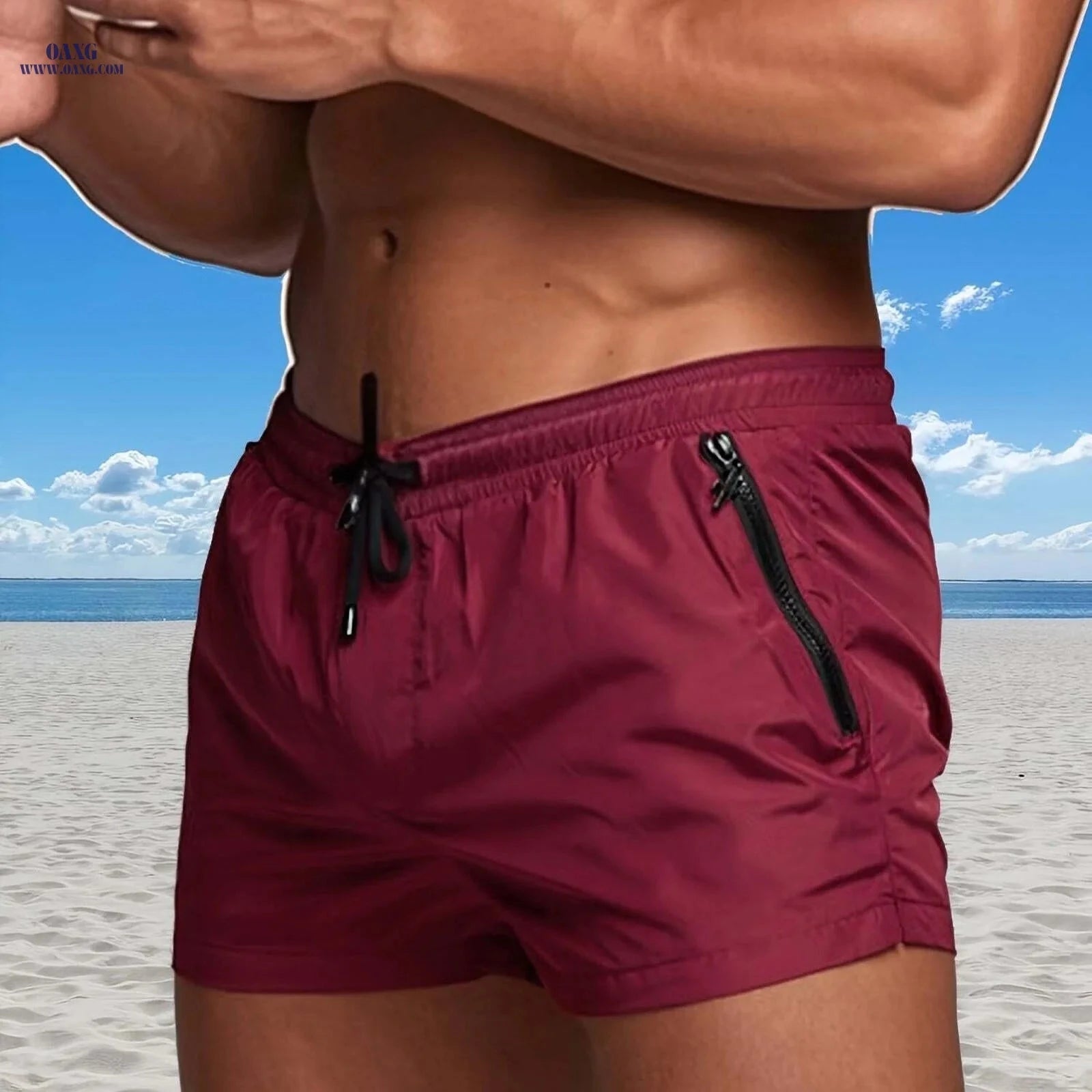 Men's Maroon Quick-Dry Swim Trunks - Casual Beach Shorts with Pockets   OAXG 