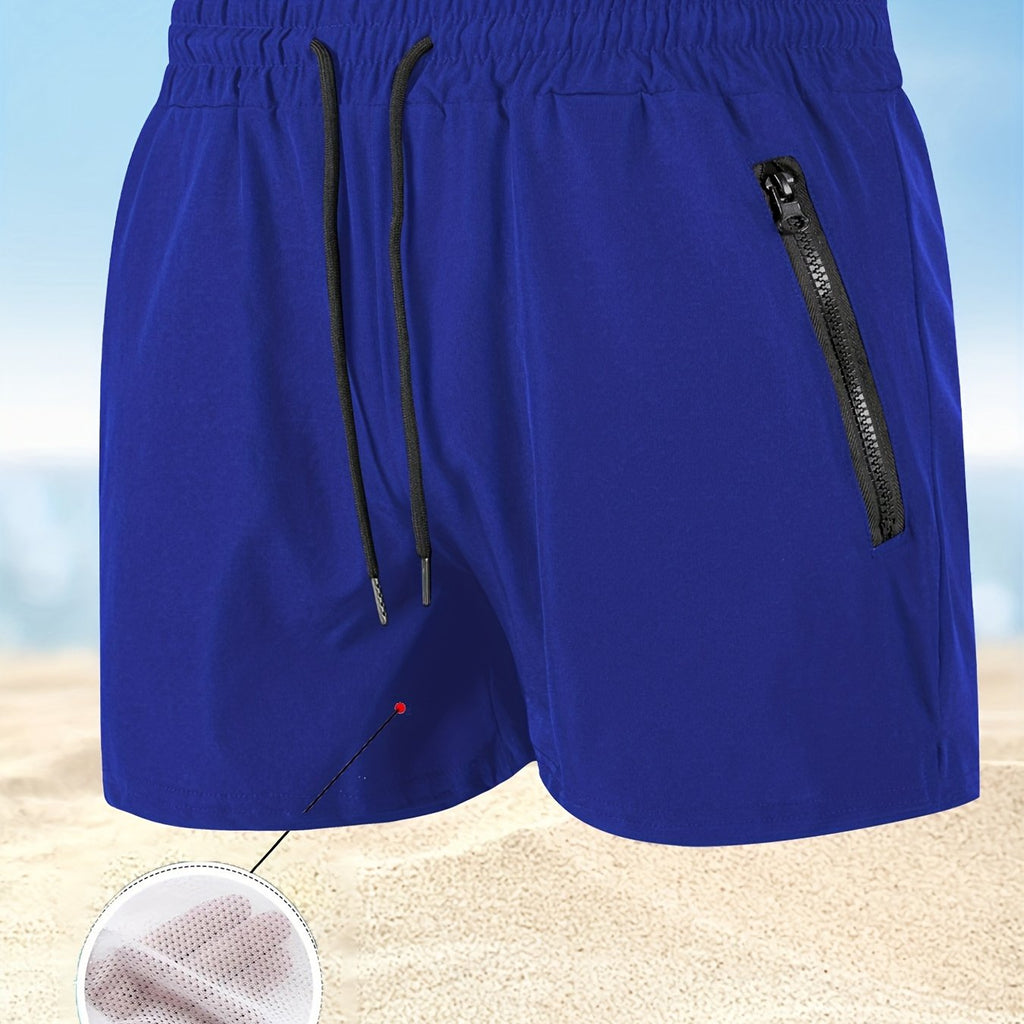 Men's Maroon Quick-Dry Swim Trunks - Casual Beach Shorts with Pockets   OAXG 