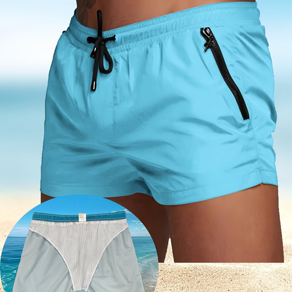 Men's Maroon Quick-Dry Swim Trunks - Casual Beach Shorts with Pockets   OAXG 