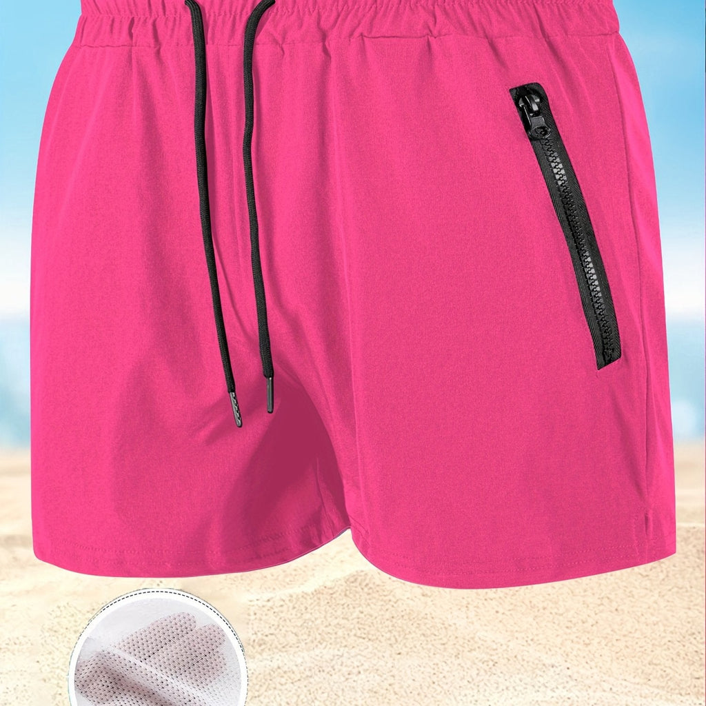 Men's Maroon Quick-Dry Swim Trunks - Casual Beach Shorts with Pockets   OAXG 