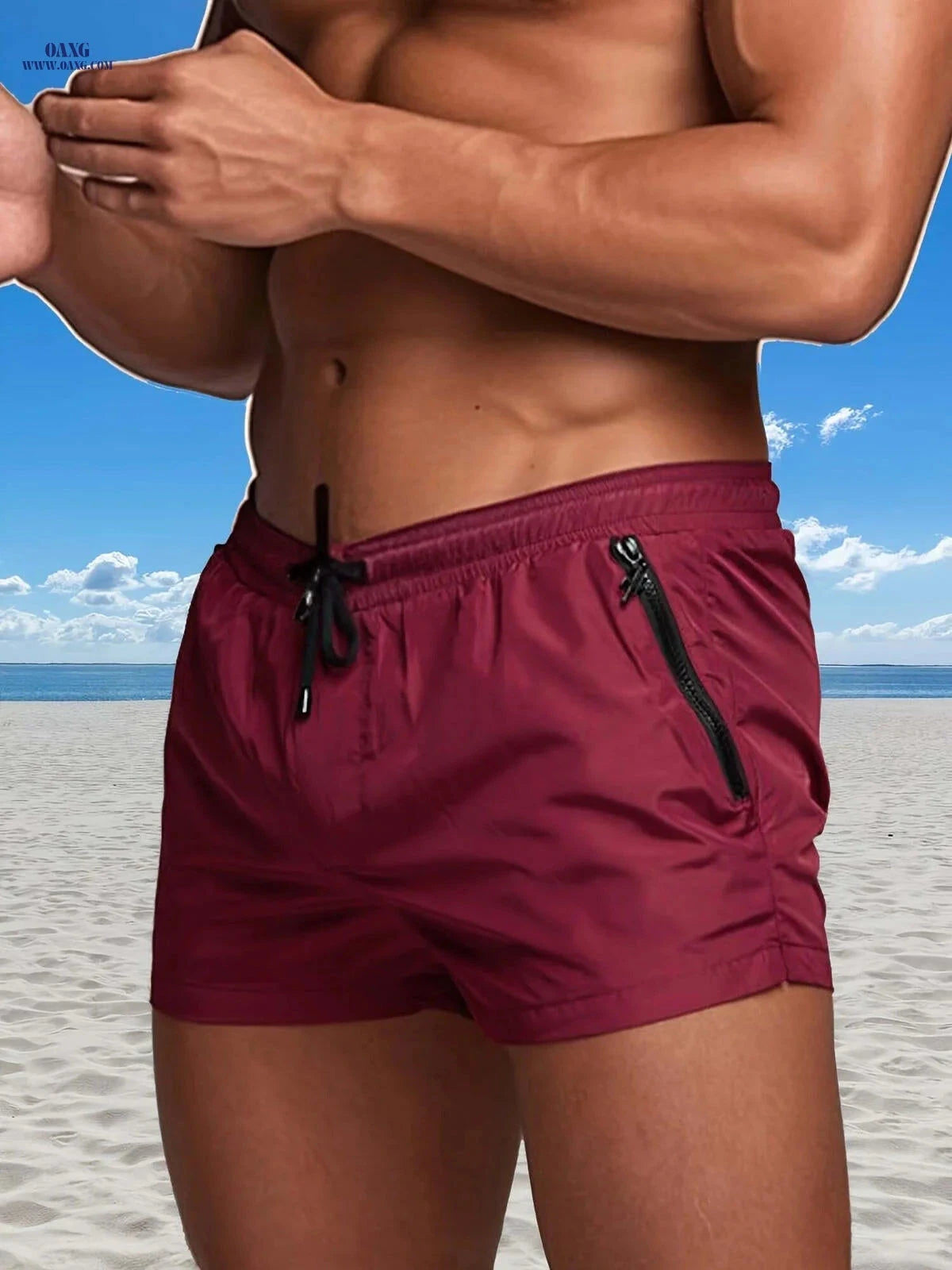 Men's Maroon Quick-Dry Swim Trunks - Casual Beach Shorts with Pockets   OAXG 