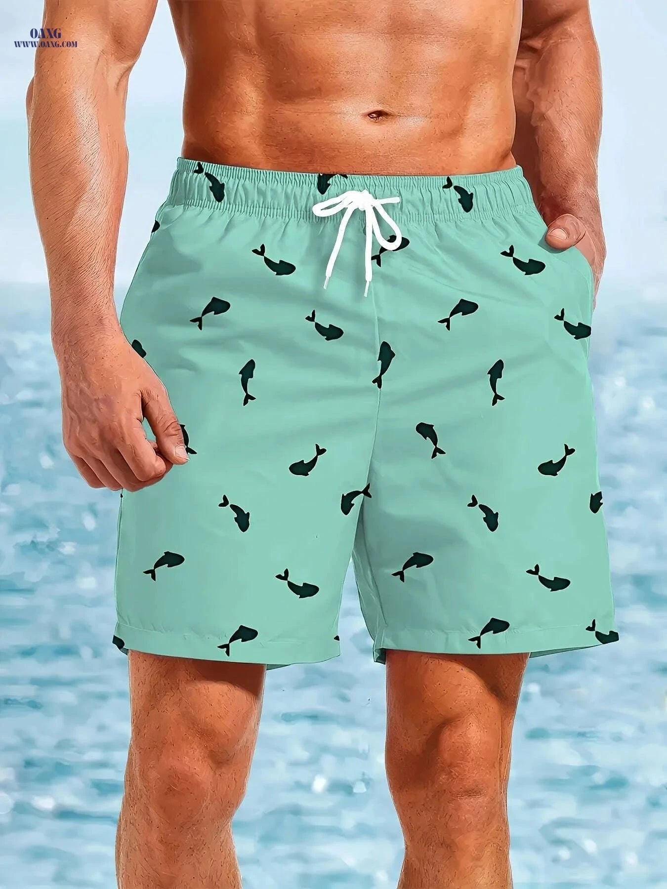Men's Mint Green Swim Shorts - Quick-Dry, Adjustable Drawstring   OAXG 