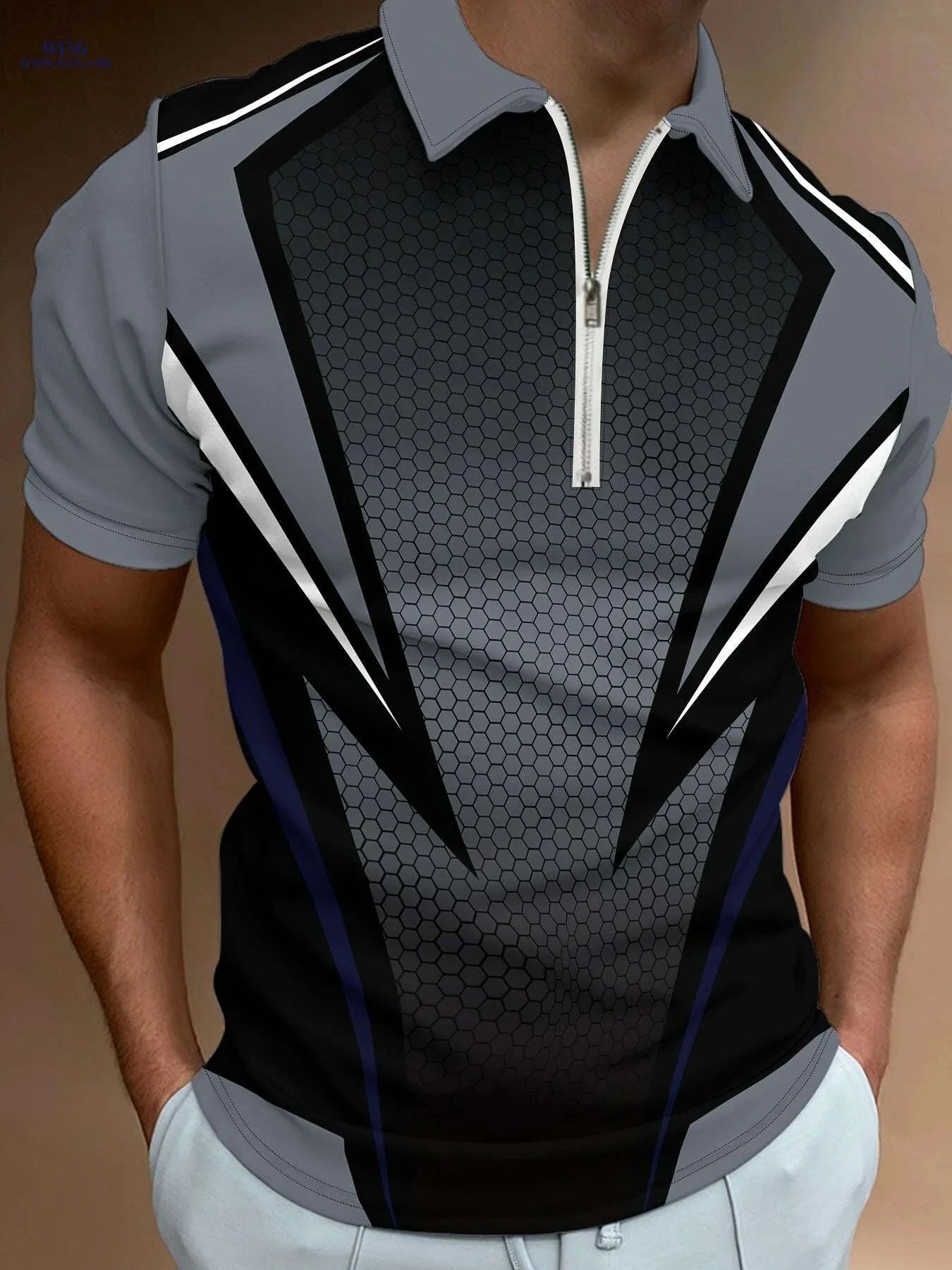 Men's Modern Lightweight Shirt - Geometric Pattern, Zipper Collar   OAXG 