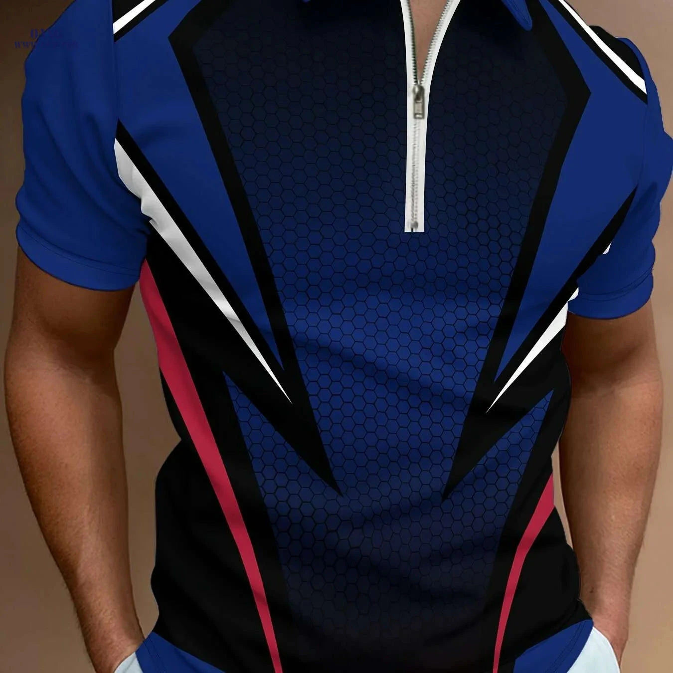 Men's Modern Lightweight Shirt - Geometric Pattern, Zipper Collar   OAXG 