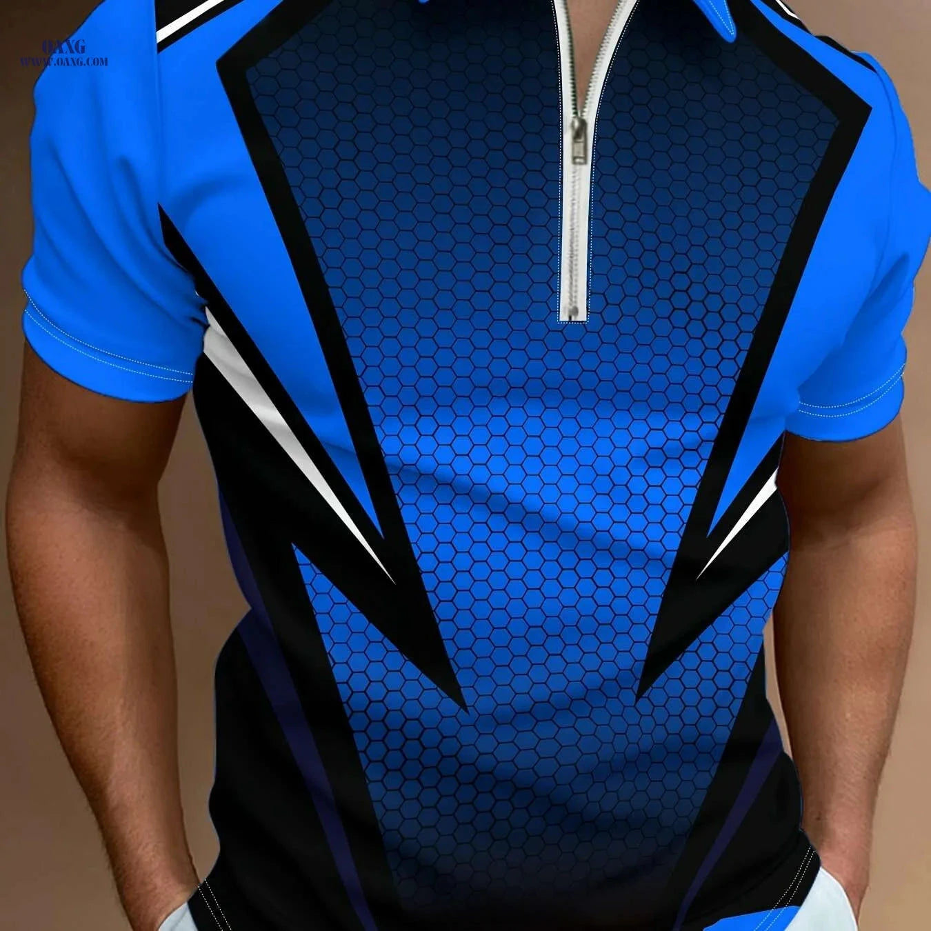 Men's Modern Lightweight Shirt - Geometric Pattern, Zipper Collar   OAXG PDDLLP19 / S