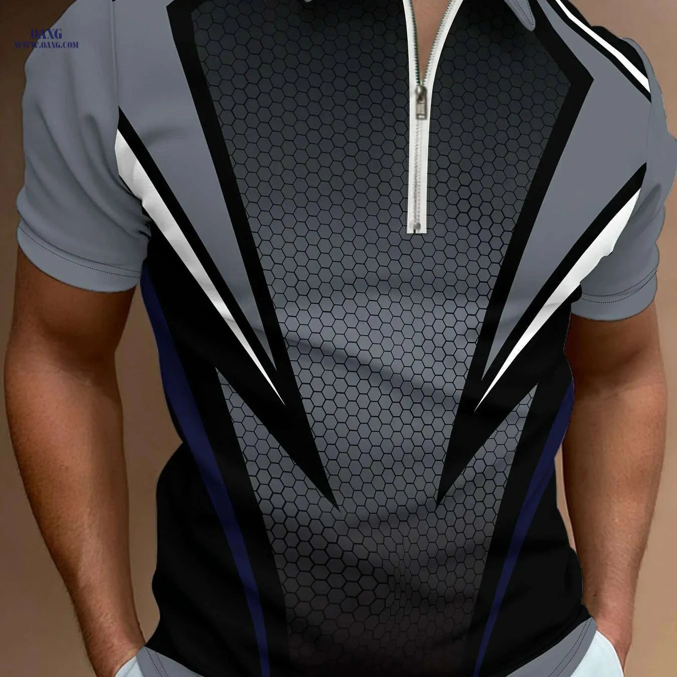 Men's Modern Lightweight Shirt - Geometric Pattern, Zipper Collar   OAXG PDDLLP19 / S