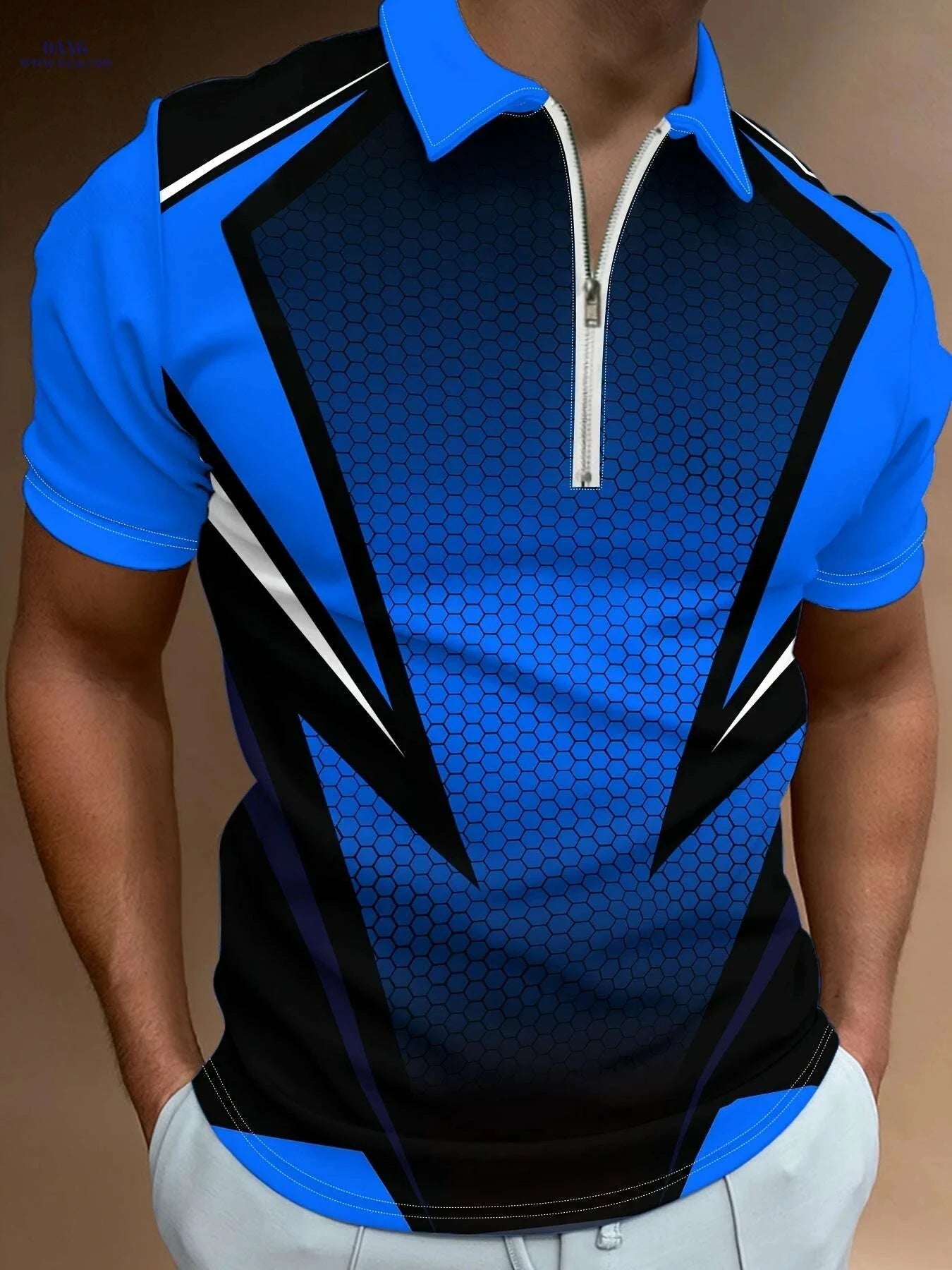 Men's Modern Lightweight Shirt - Geometric Pattern, Zipper Collar   OAXG PDDLLP19 / S